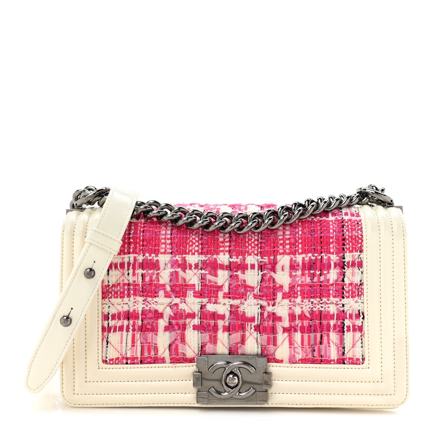 Patent Tweed Medium Boy Flap White