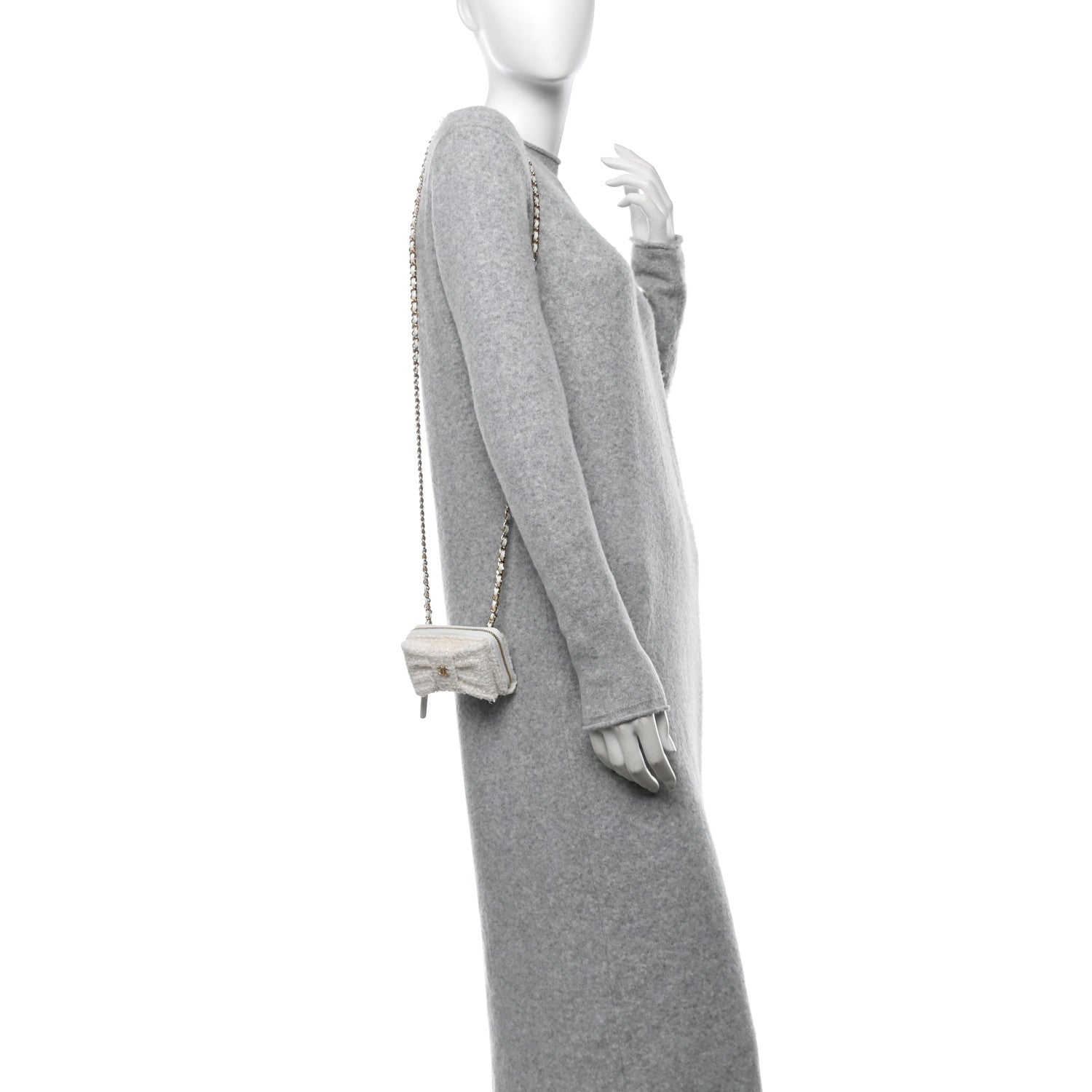 Tweed Quilted Bow Flap Card Holder On Chain White