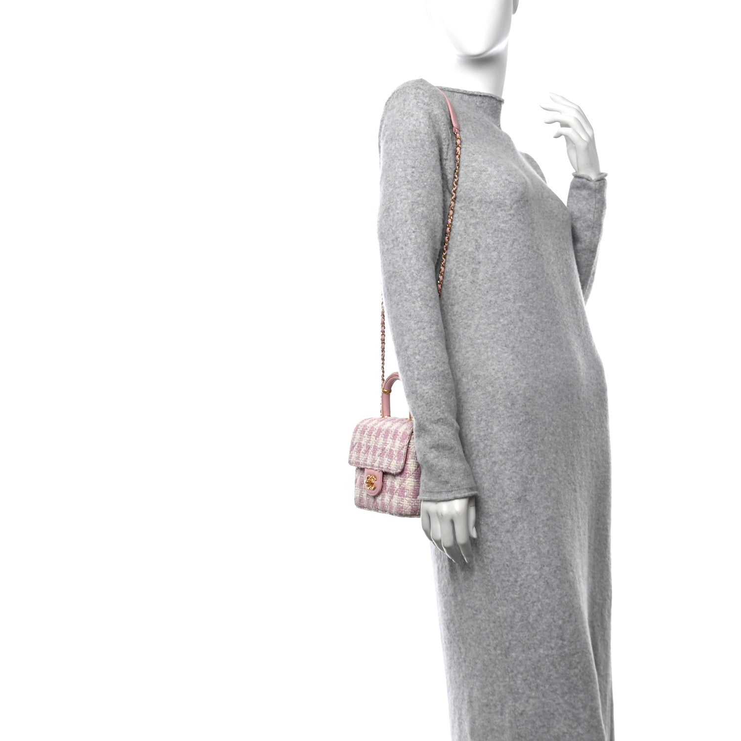 Tweed Handle Crush Top Handle Flap Bag Pink Ecru