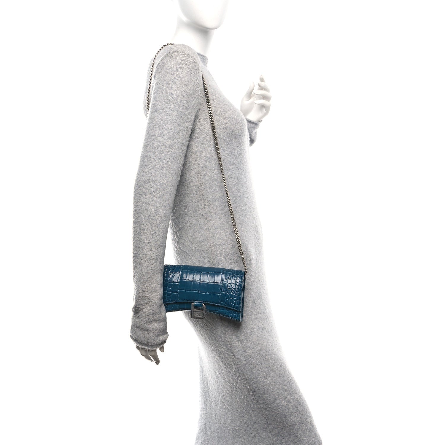 Shiny Calfskin Crocodile Embossed Hourglass Chain Bag Forest Green