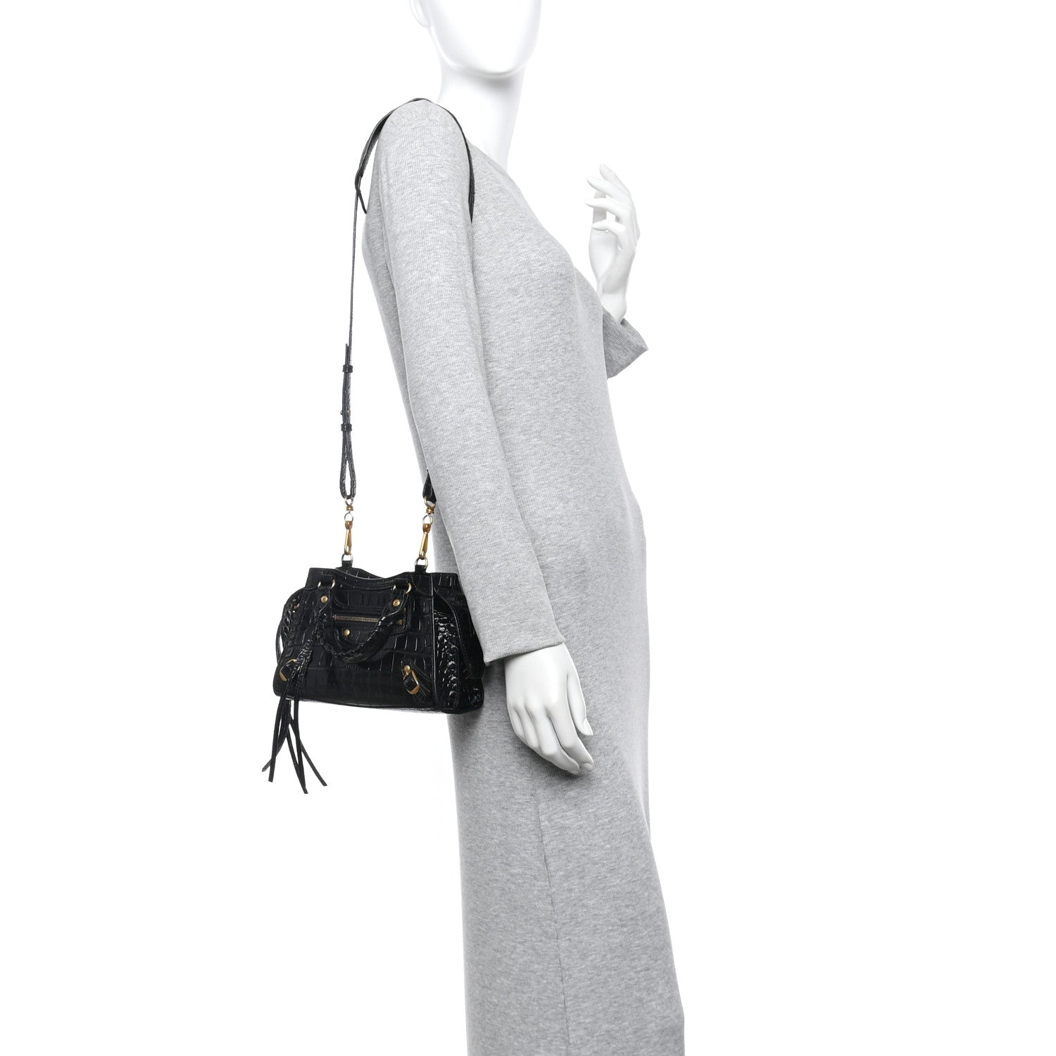 Shiny Supple Calfskin Crocodile Embossed Neo Classic Gold Hardware Mini City Black