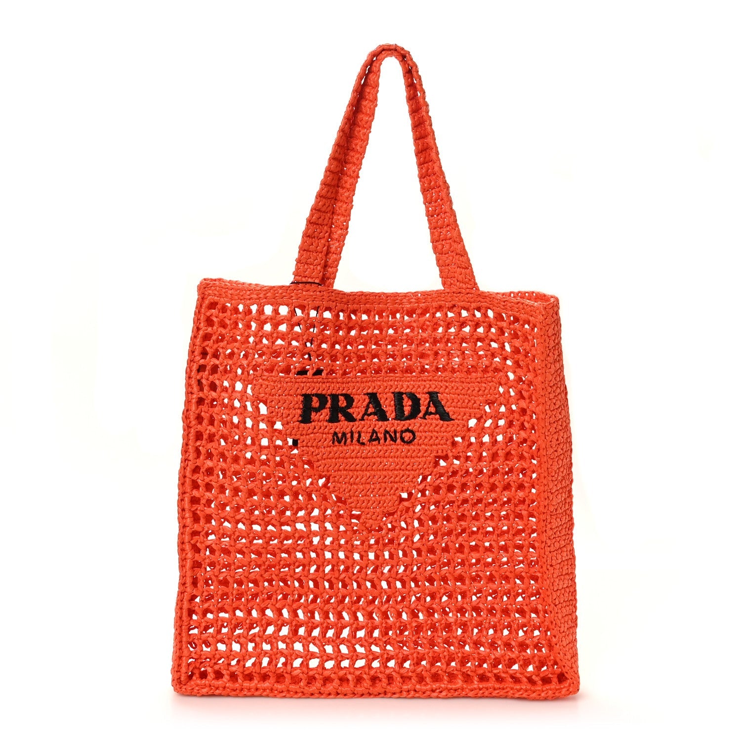 Yarn Raffia Effect Crochet Logo Embroidered Tote Bag Arancio
