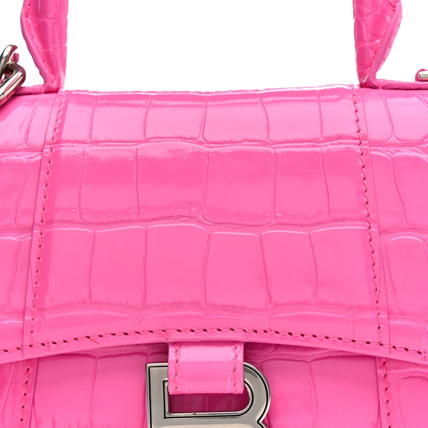 Shiny Calfskin Crocodile Embossed Hourglass Top Handle Bag XS Neon Pink