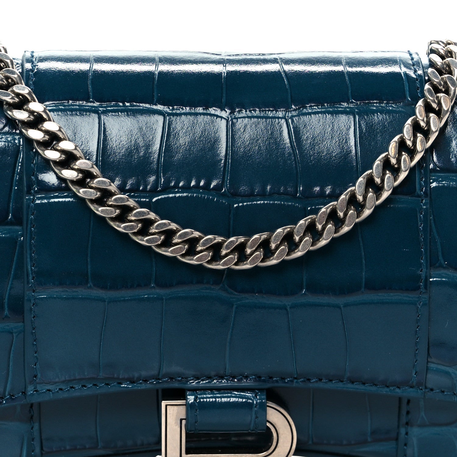 Shiny Calfskin Crocodile Embossed Hourglass Chain Bag Forest Green