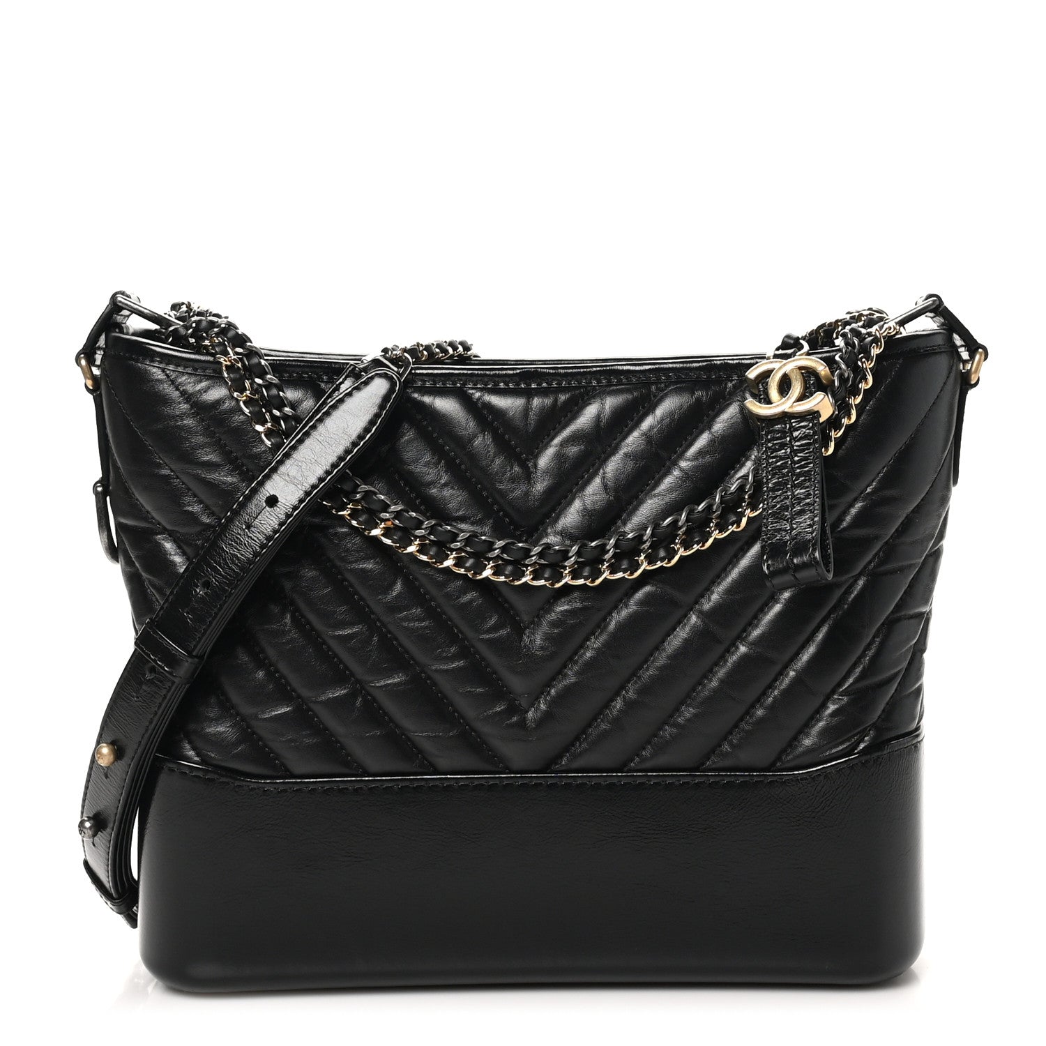 Aged Calfskin Chevron Quilted Medium Gabrielle Hobo Black