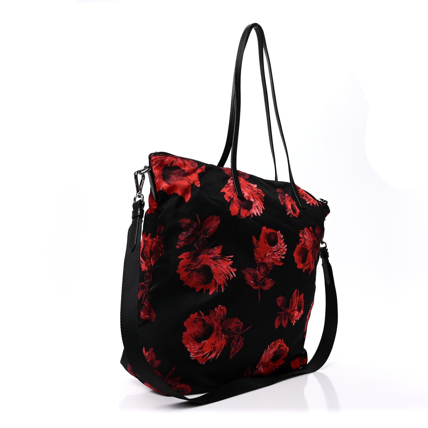 Tessuto Nylon Saffiano Rose Print Tote Black Rosso