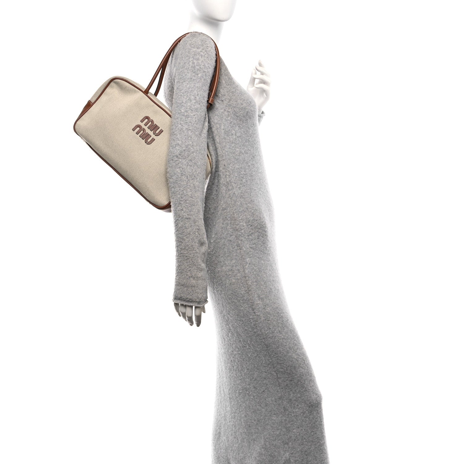 Canvas Calfskin Large Beau Top Handle Bag Naturale Brandy