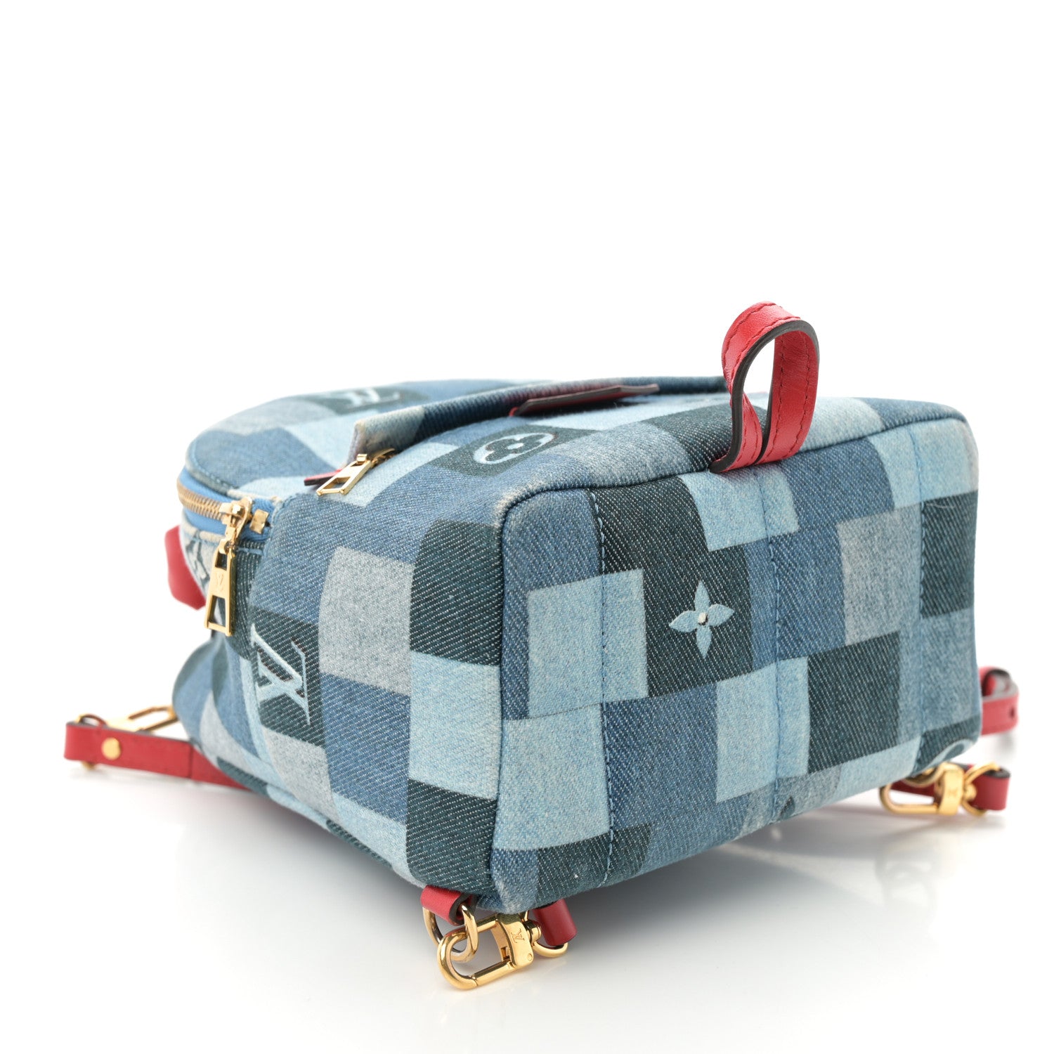 Denim Damier Monogram Patchwork Palm Springs Backpack Mini Blue Rouge