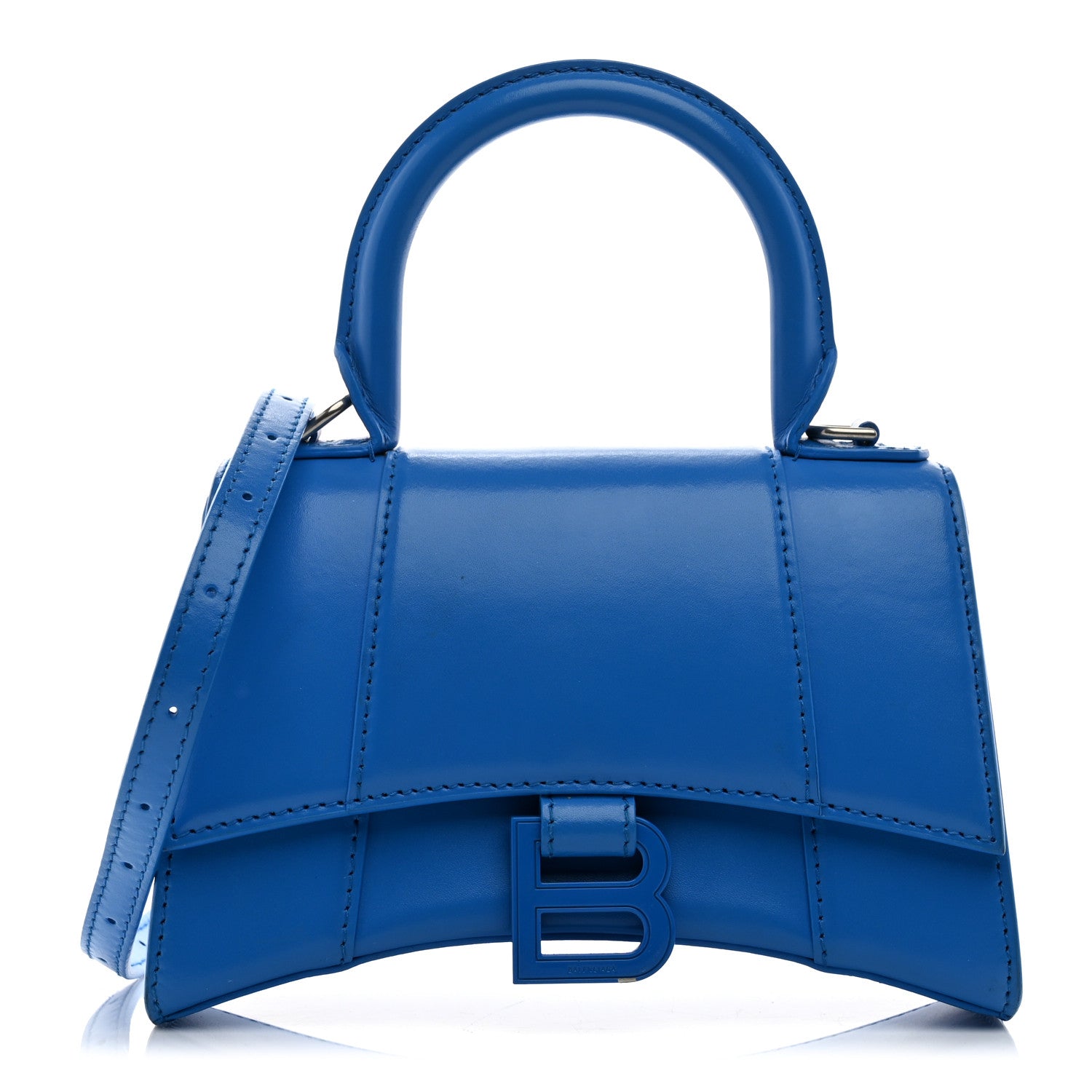 Shiny Box Calfskin Tonal B Hourglass Top Handle Bag XS Screen Blue