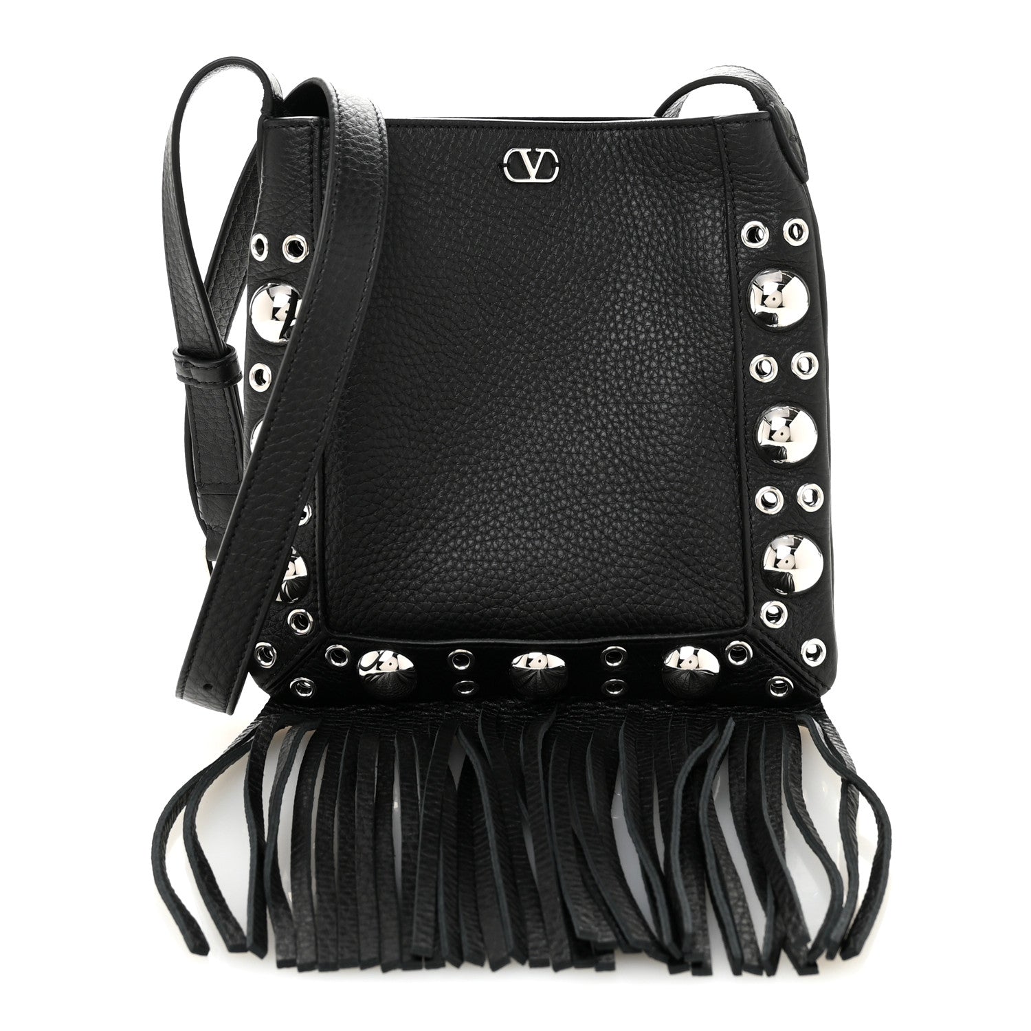 Grained Calfskin Studded Nellcote Fringe Shoulder Bag Black