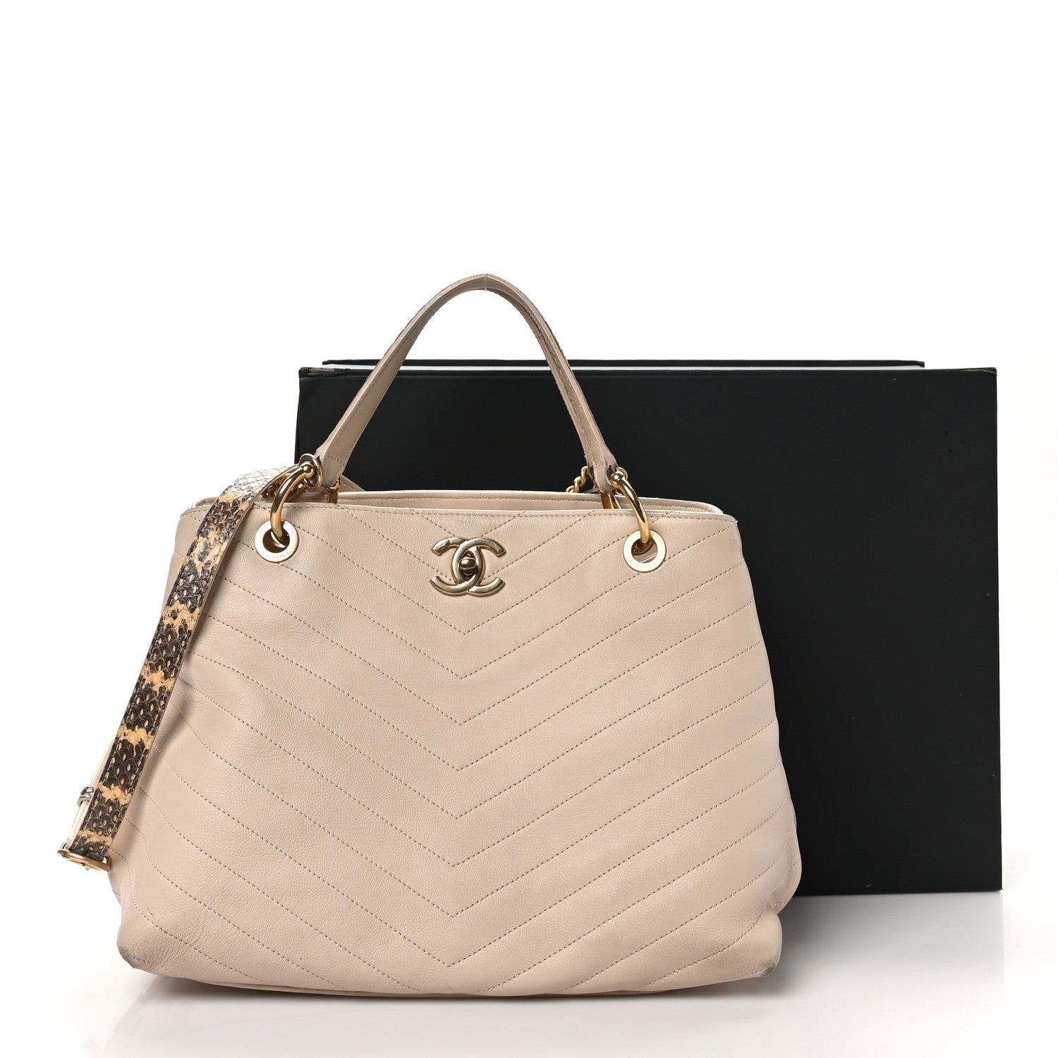 Calfskin Elaphe Stitched Large Chevron Chic Shopping Bag Beige