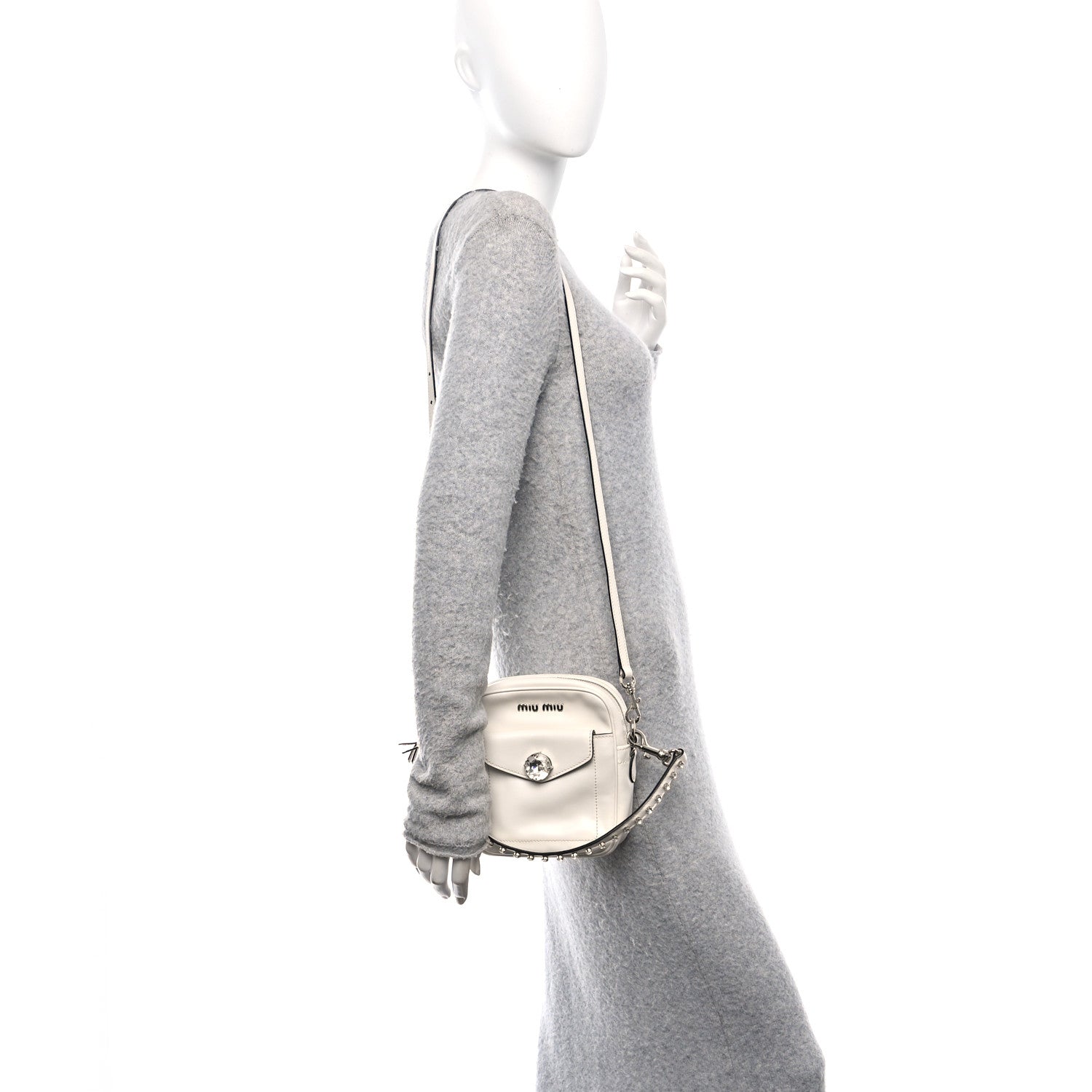 Vitello Soft Calfskin Crystal Embellished Solitaire Camera Bag White