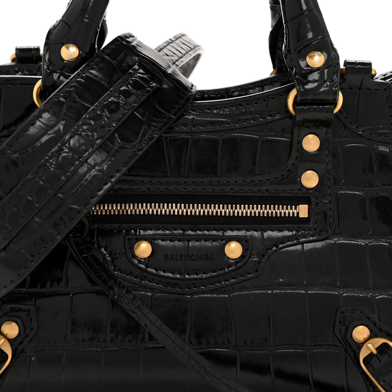 Shiny Supple Calfskin Crocodile Embossed Neo Classic Gold Hardware Mini City Black
