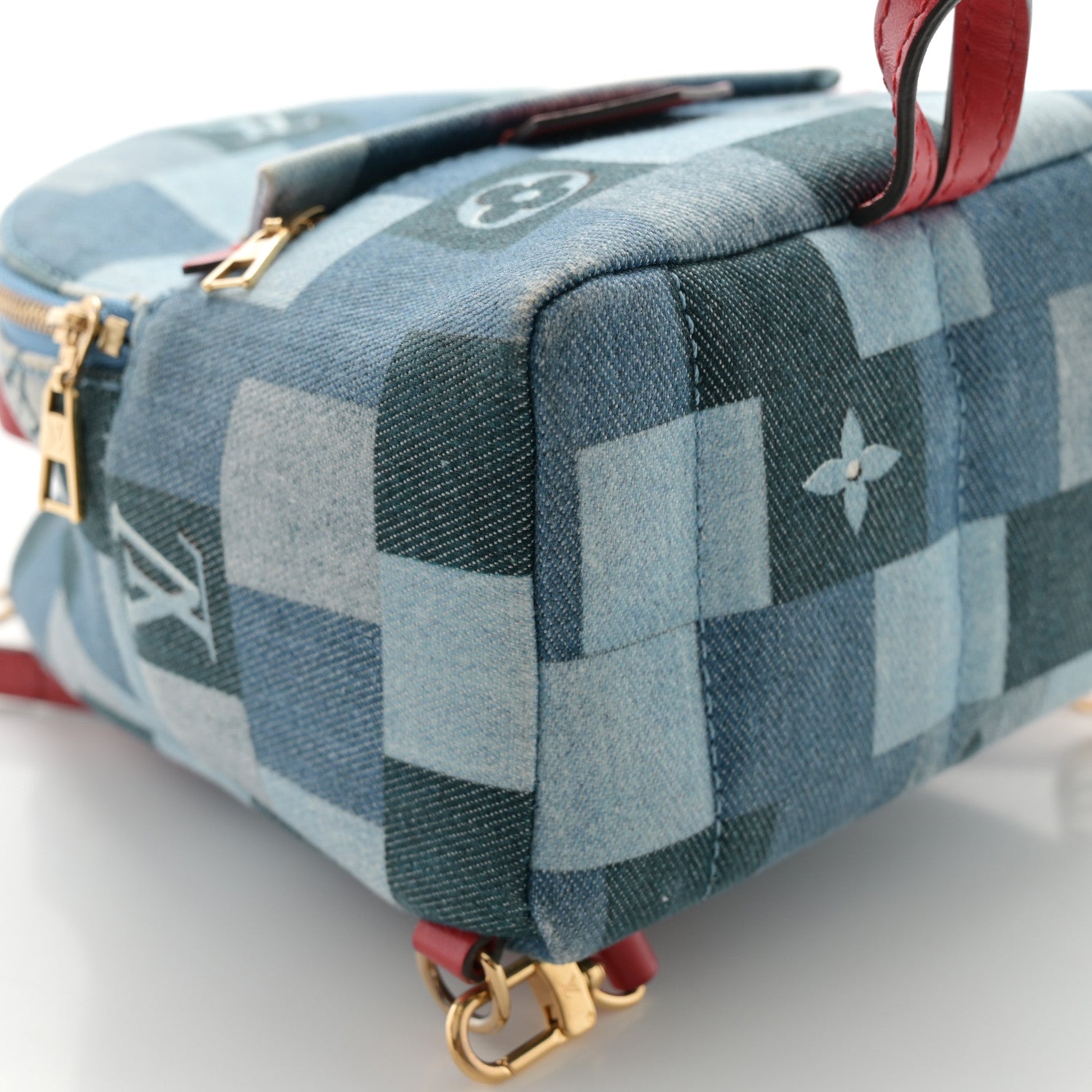 Denim Damier Monogram Patchwork Palm Springs Backpack Mini Blue Rouge