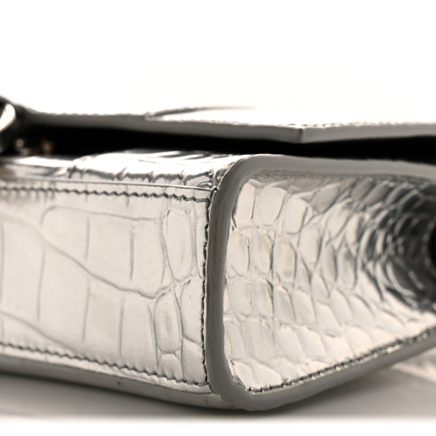 Metallic Calfskin Crocodile Embossed Hourglass Chain Bag Silver