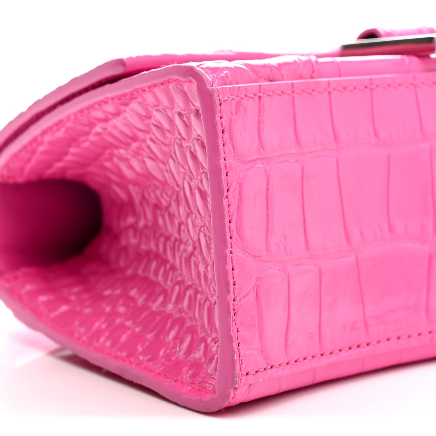 Shiny Calfskin Crocodile Embossed Hourglass Top Handle Bag XS Neon Pink