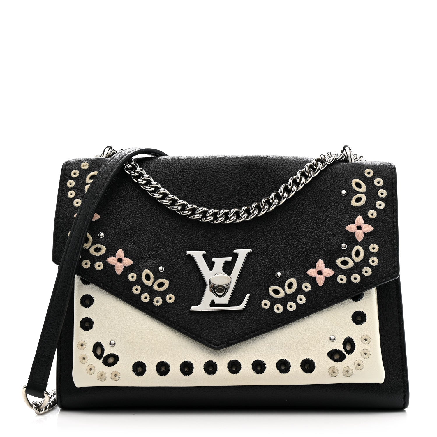 Soft Calfskin Embroidered My Lockme Chain Bag BB Black Snow White