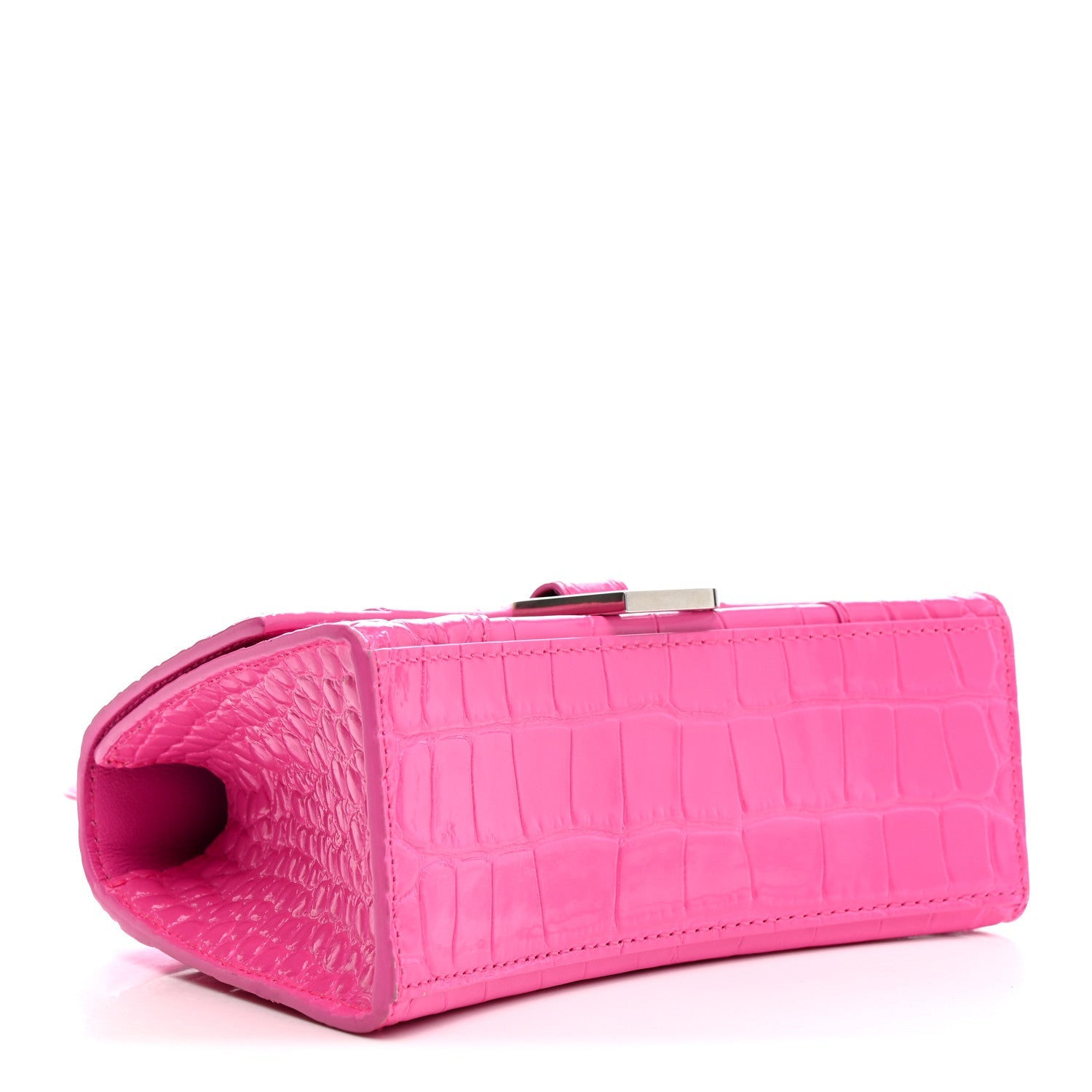 Shiny Calfskin Crocodile Embossed Hourglass Top Handle Bag XS Neon Pink