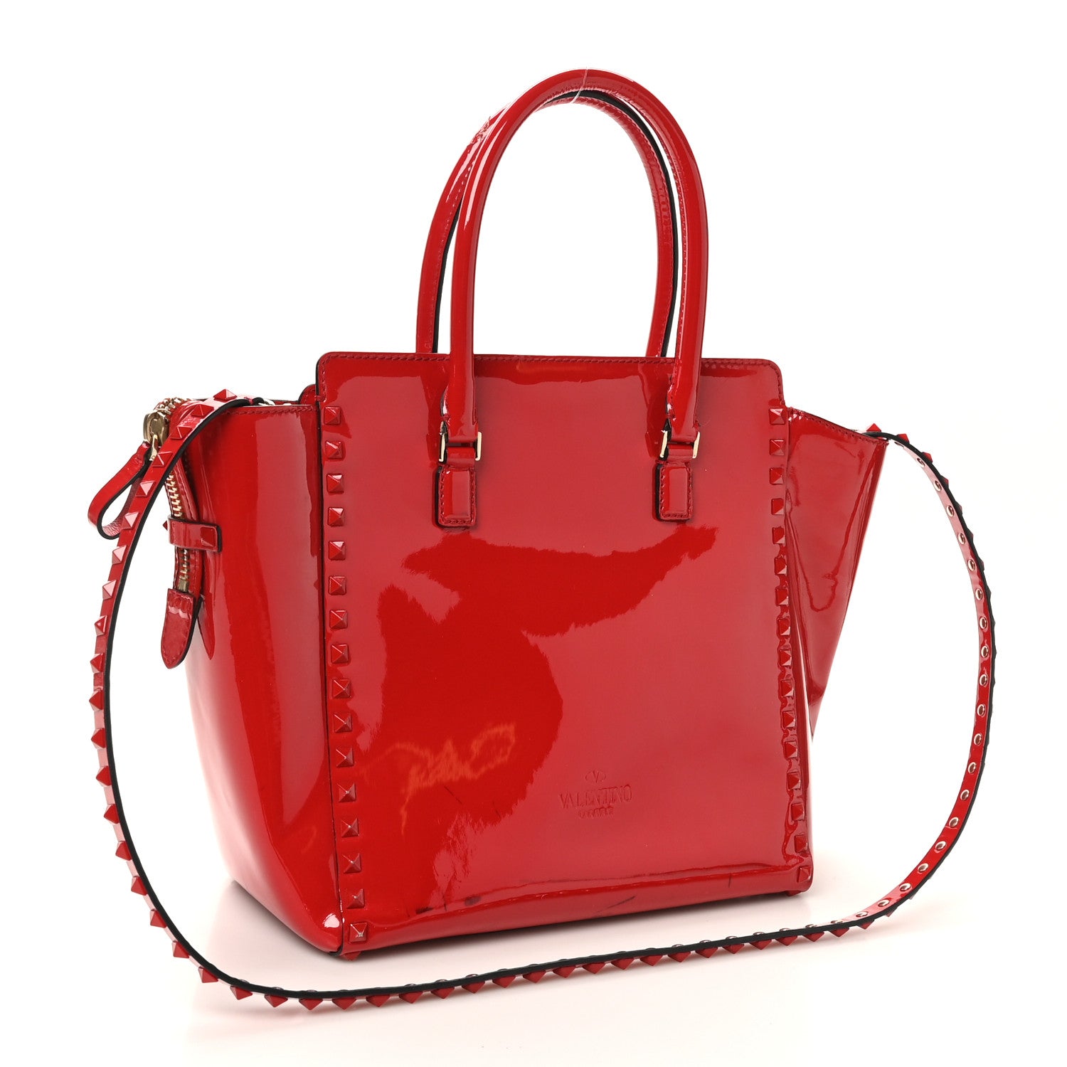 Patent Monochrome Rockstud Double Handle Tote Rosso Valentino