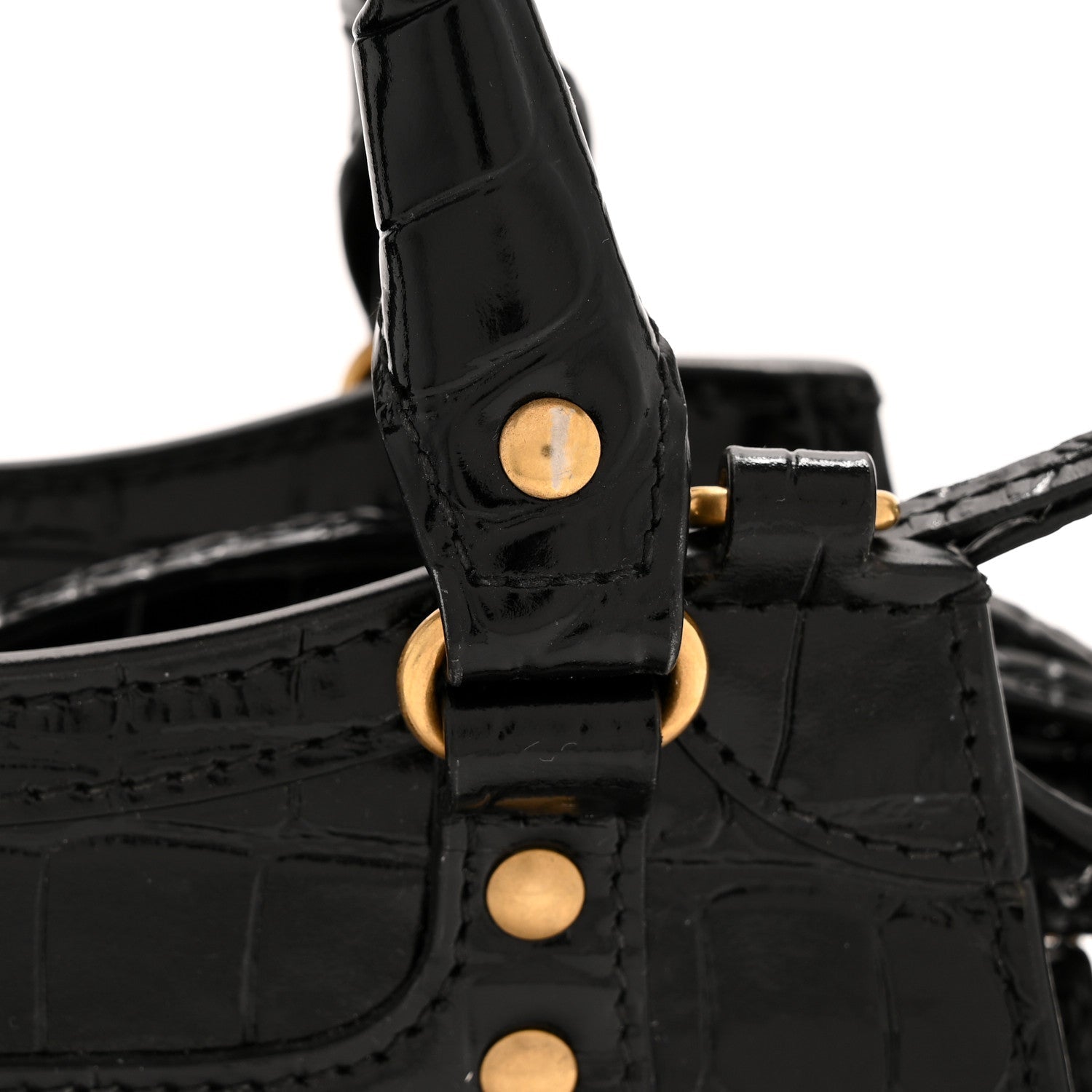 Shiny Supple Calfskin Crocodile Embossed Neo Classic Gold Hardware Mini City Black