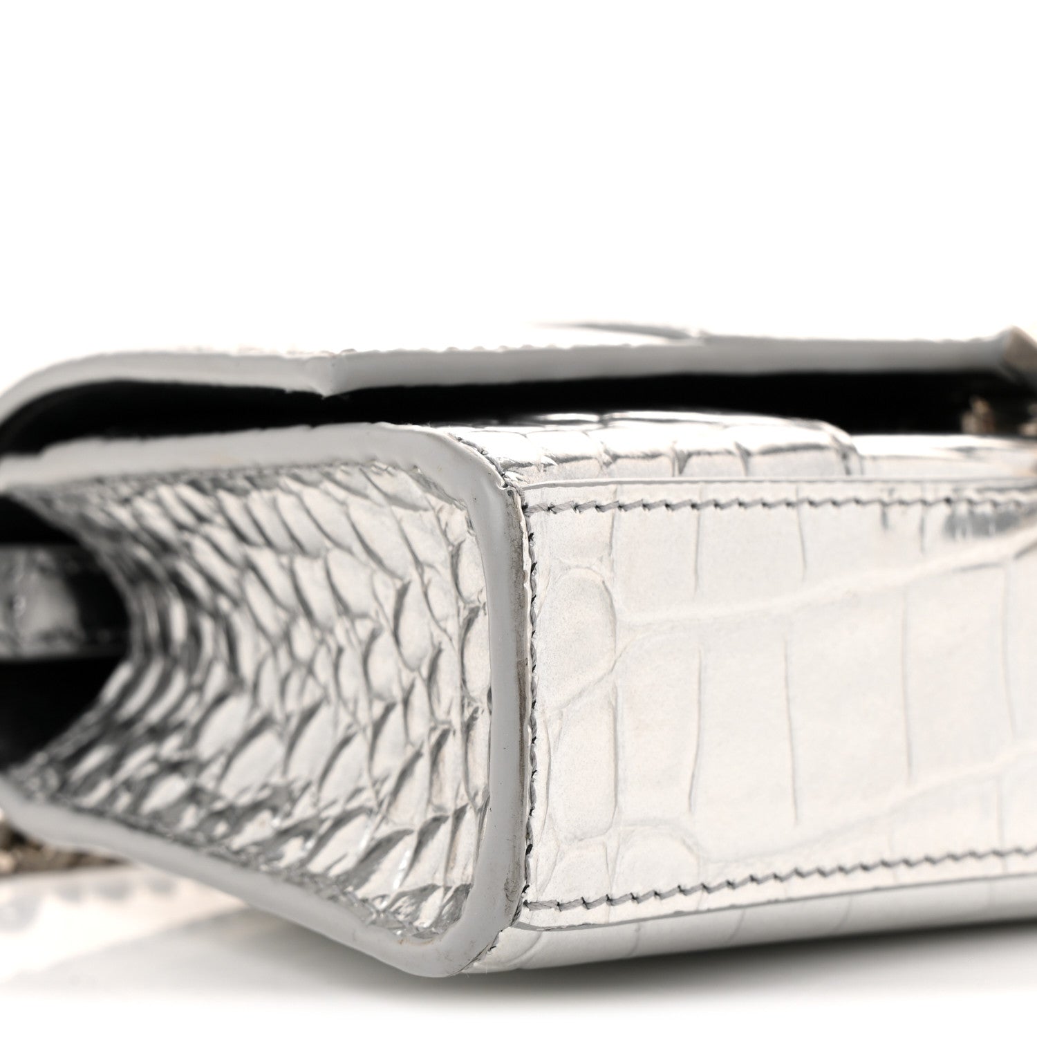 Metallic Calfskin Crocodile Embossed Hourglass Chain Bag Silver