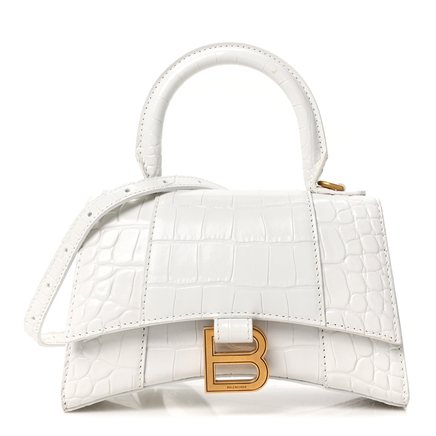 Shiny Calfskin Crocodile Embossed Hourglass Top Handle Bag XS White