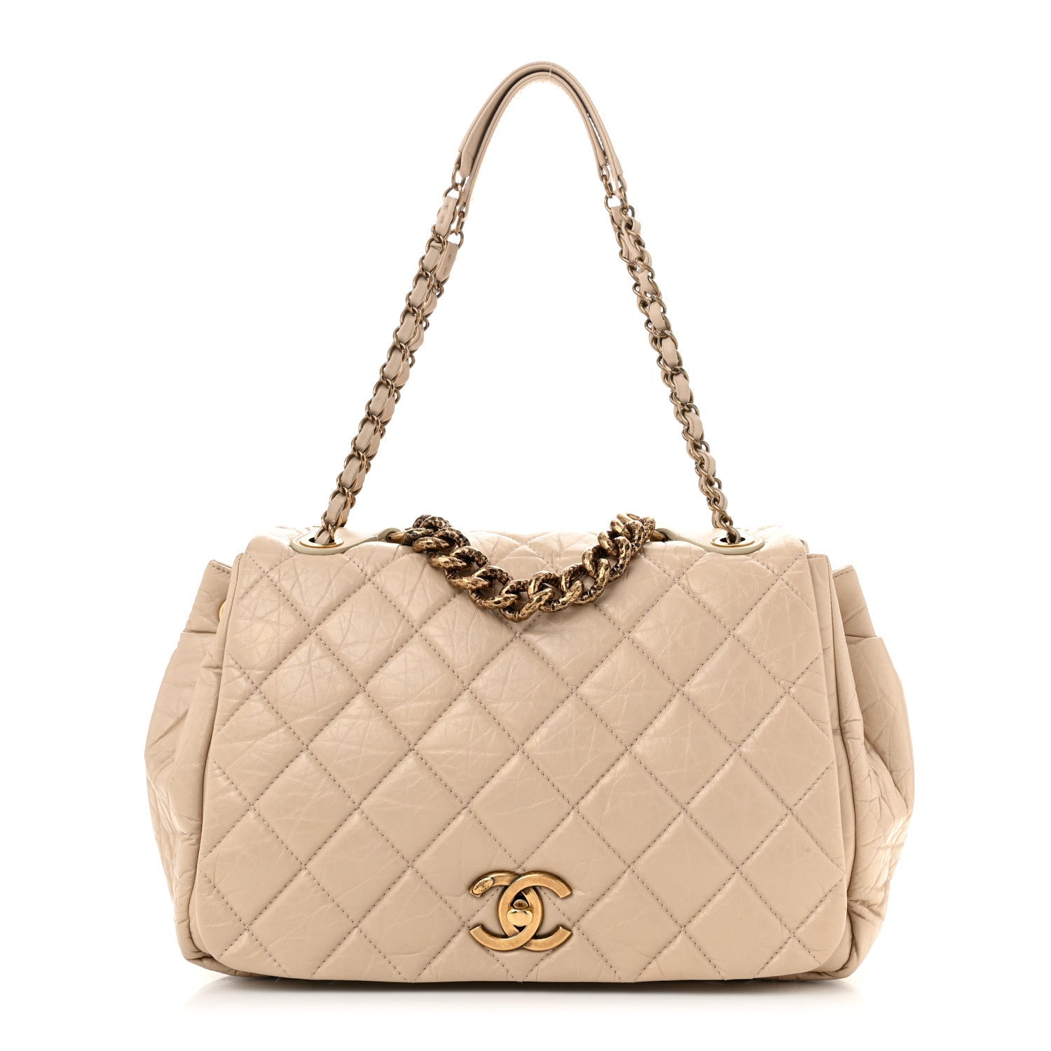 Aged Calfskin Quilted Large Pondichery Flap Beige