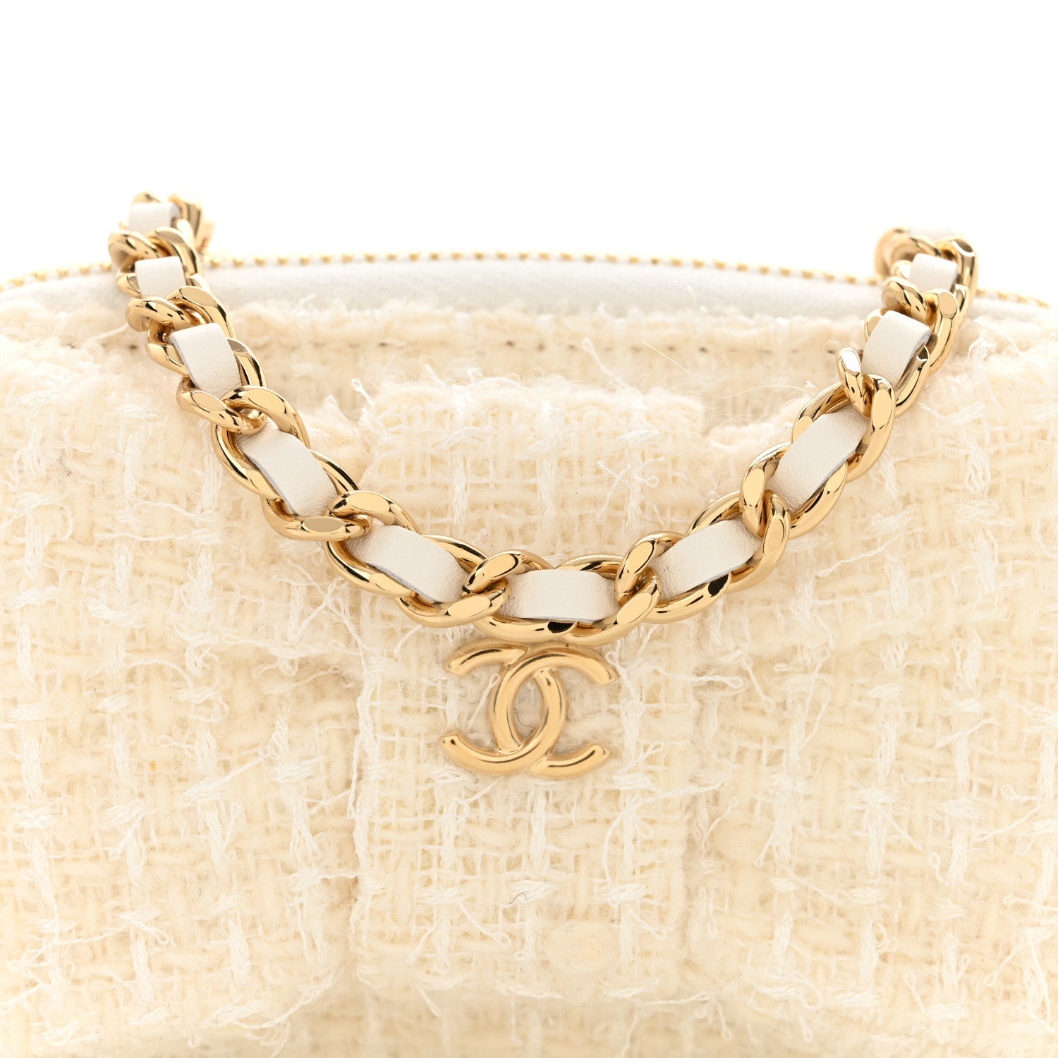 Tweed Quilted Bow Flap Card Holder On Chain White