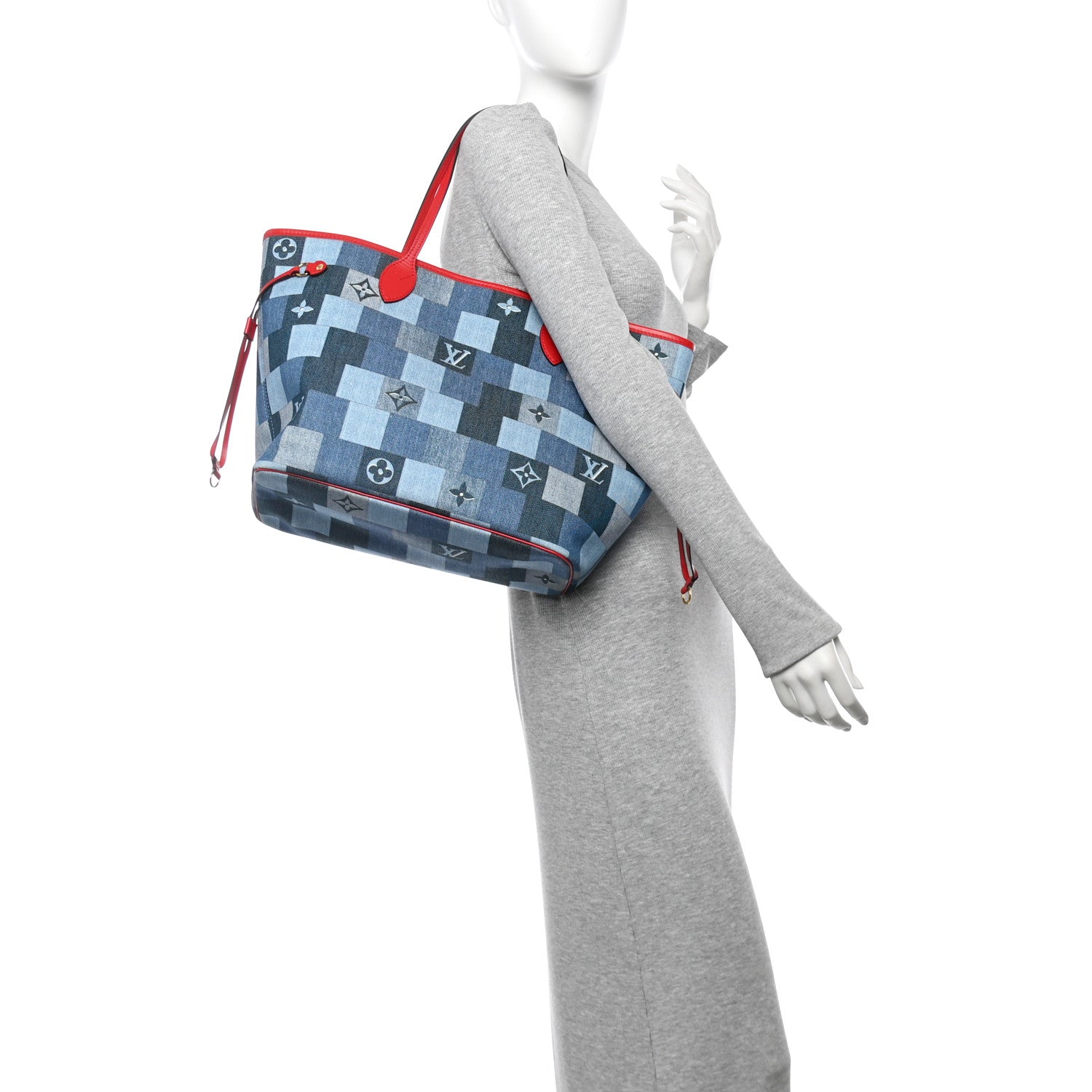 Denim Damier Monogram Patchwork Neverfull Blue Rouge