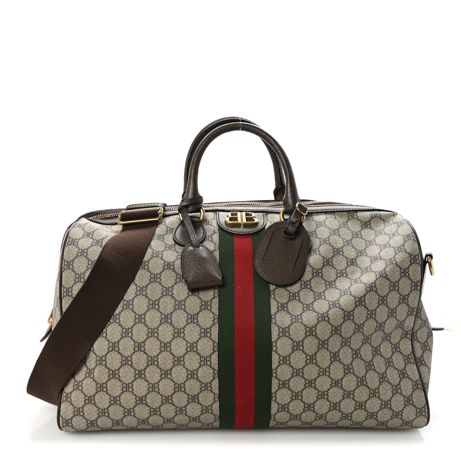 X BALENCIAGA BB Supreme Monogram Web Medium Ophidia Carry-On Duffle Bag Beige New Acero