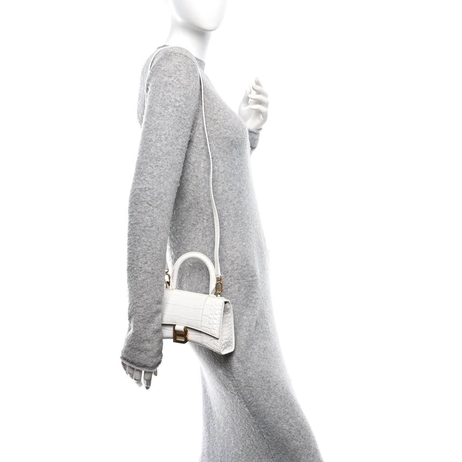 Shiny Calfskin Crocodile Embossed Hourglass Top Handle Bag XS White