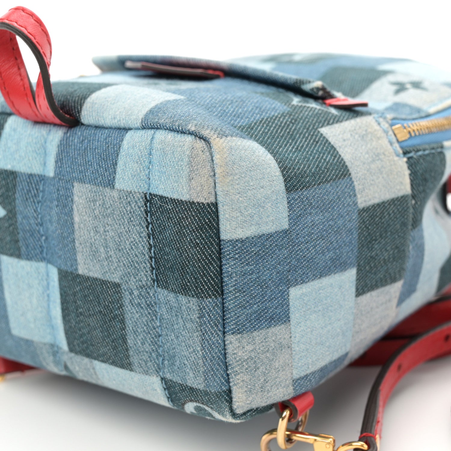 Denim Damier Monogram Patchwork Palm Springs Backpack Mini Blue Rouge