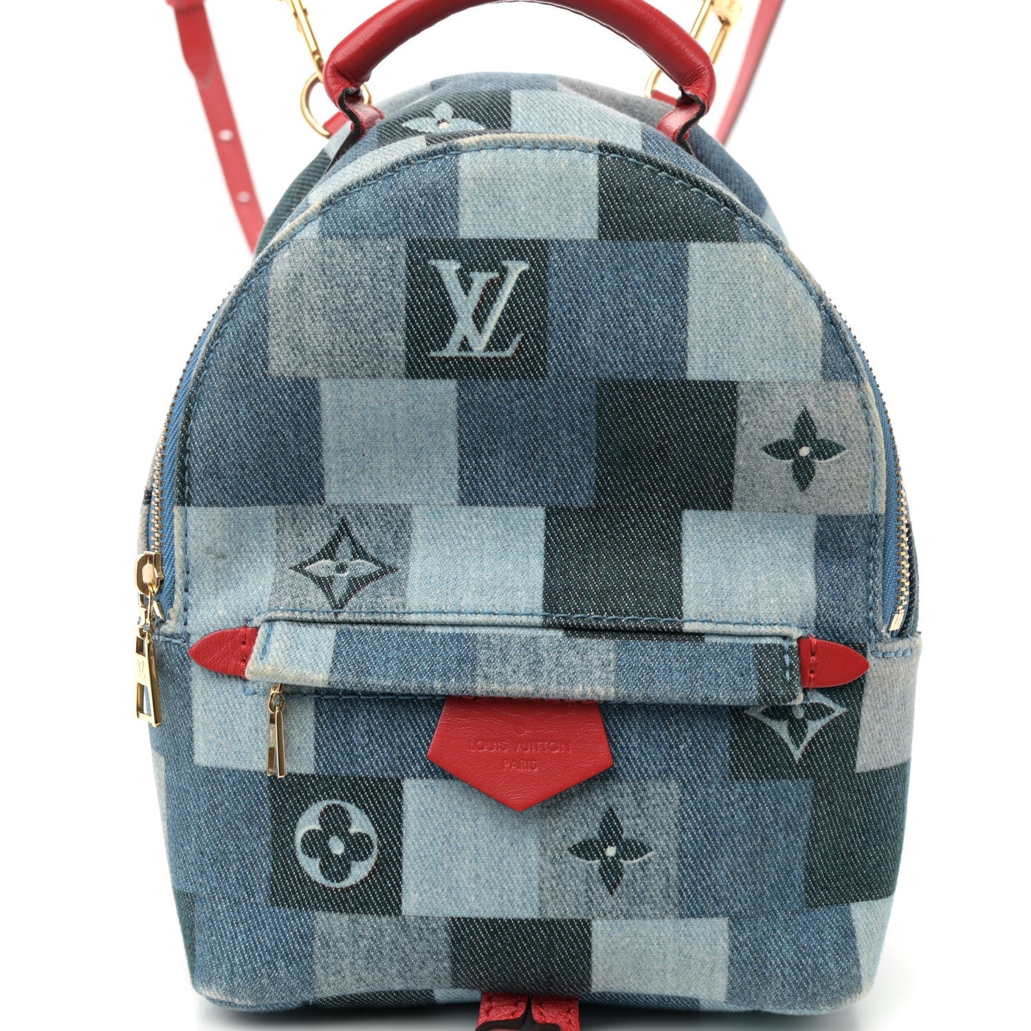 Denim Damier Monogram Patchwork Palm Springs Backpack Mini Blue Rouge