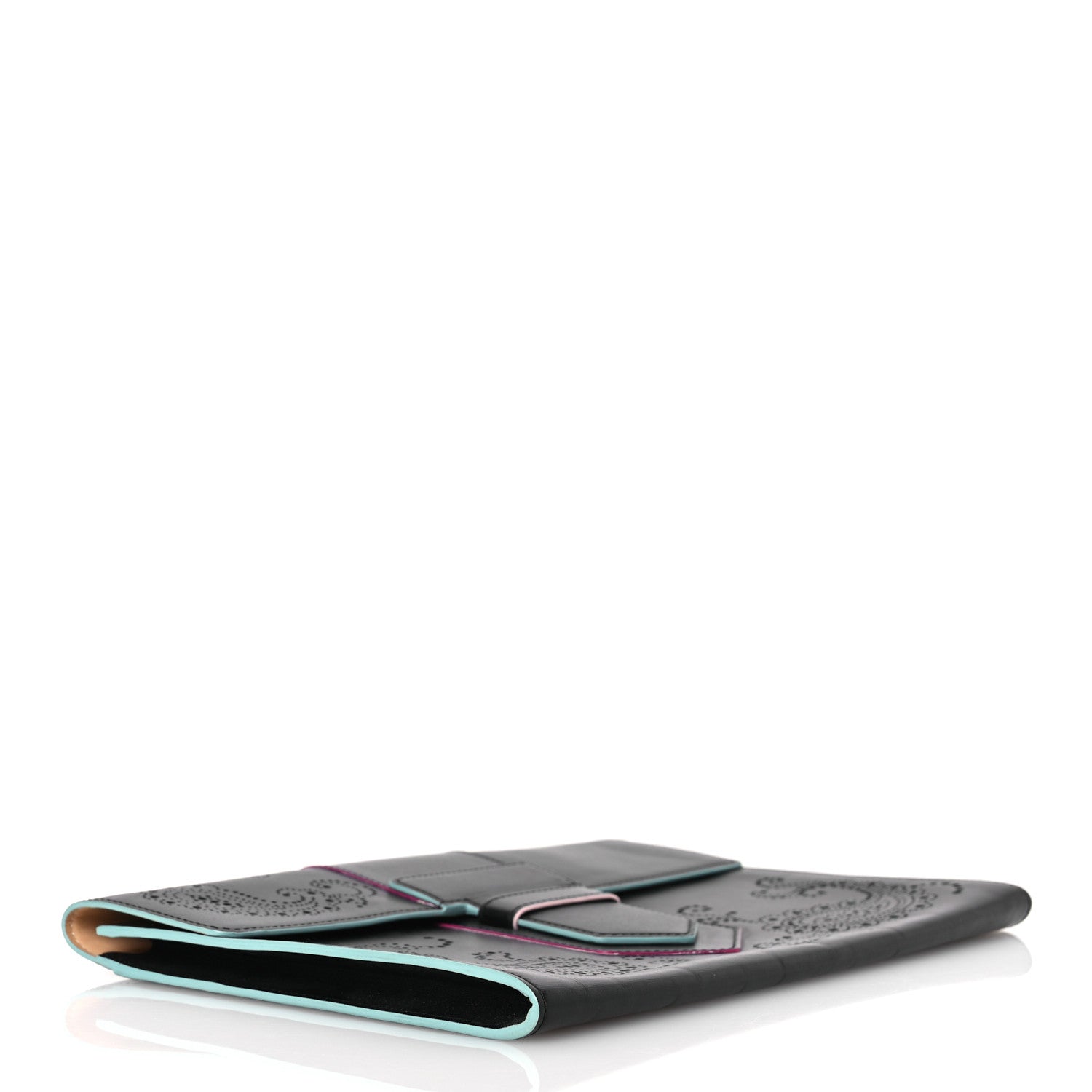 Box Calfskin Perforated Paisley Presse Clutch Black