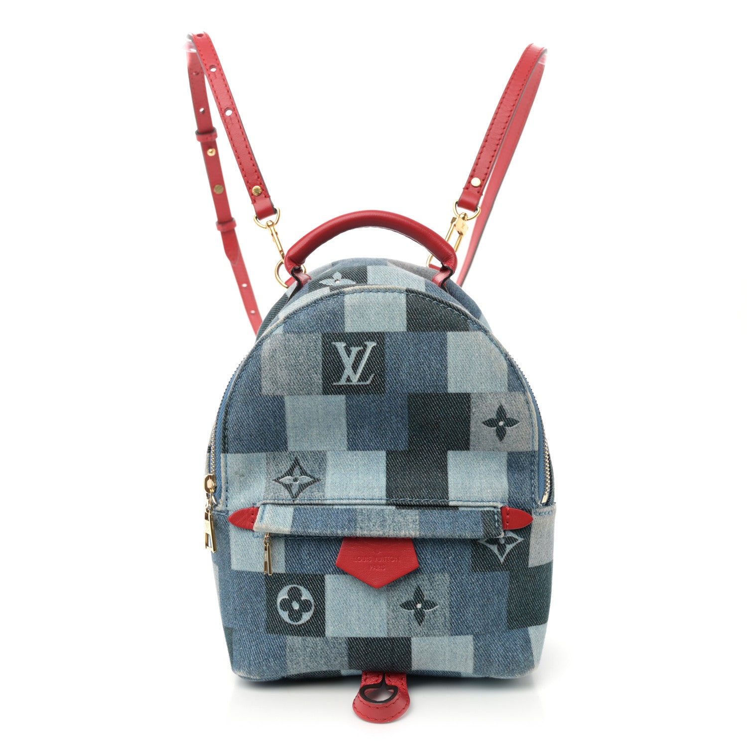 Denim Damier Monogram Patchwork Palm Springs Backpack Mini Blue Rouge