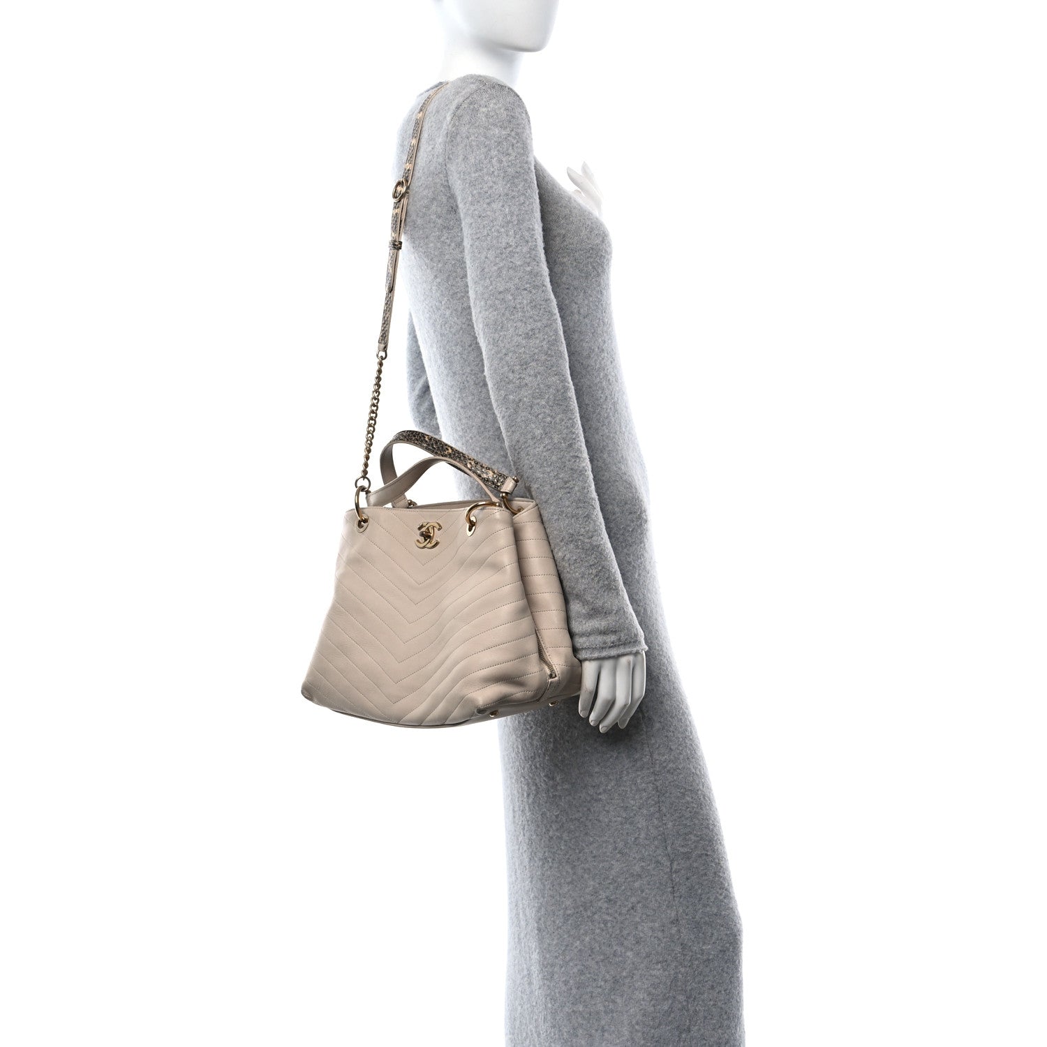 Calfskin Elaphe Stitched Large Chevron Chic Shopping Bag Beige