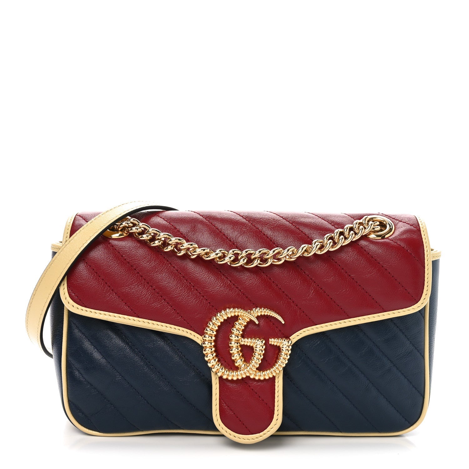 Azalea Calfskin Matelasse Diagonal Small Torchon GG Marmont Shoulder Bag Blue Agata New Cherry Red Butter