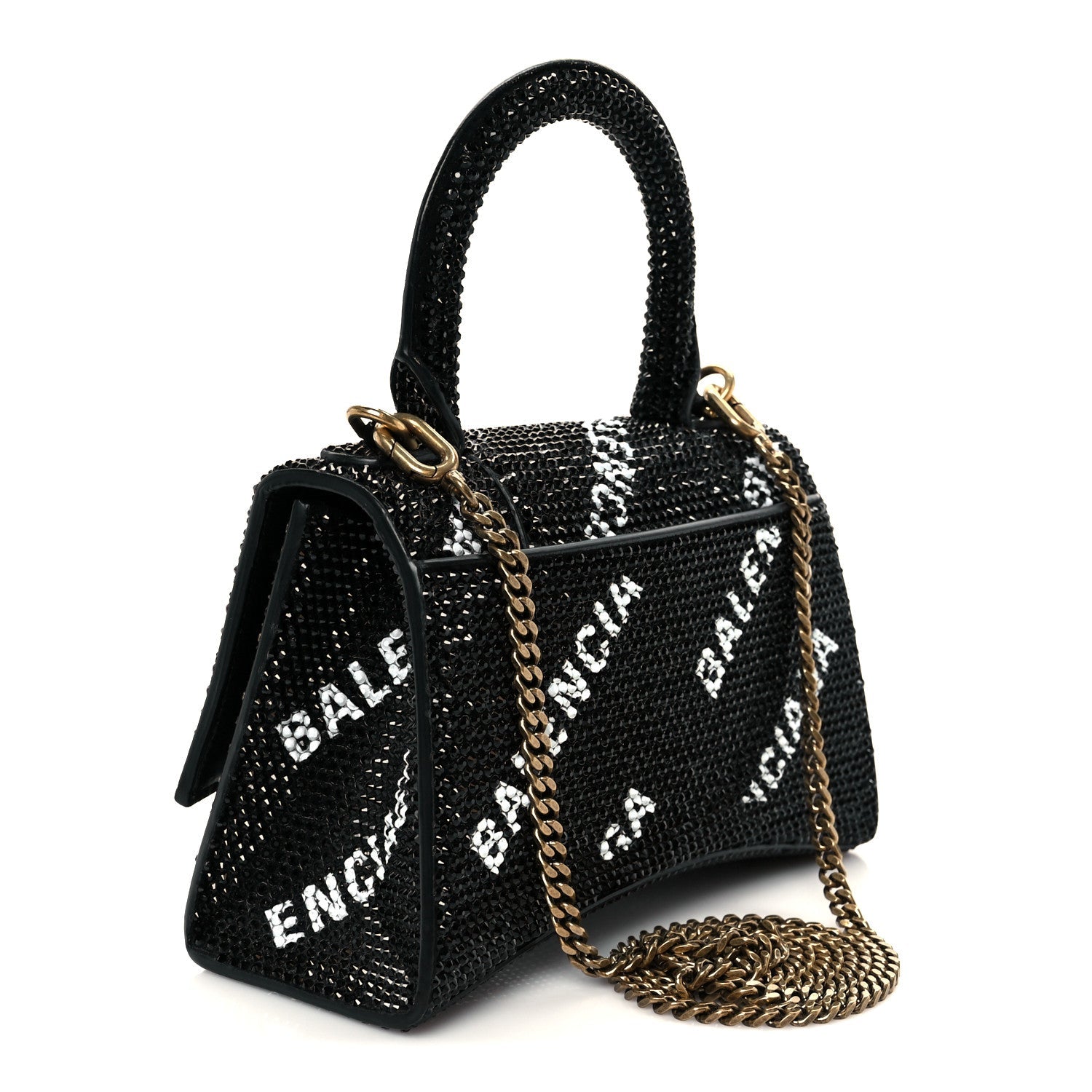 Strass Suede Allover Logo Hourglass Top Handle Bag XS with Chain Black White