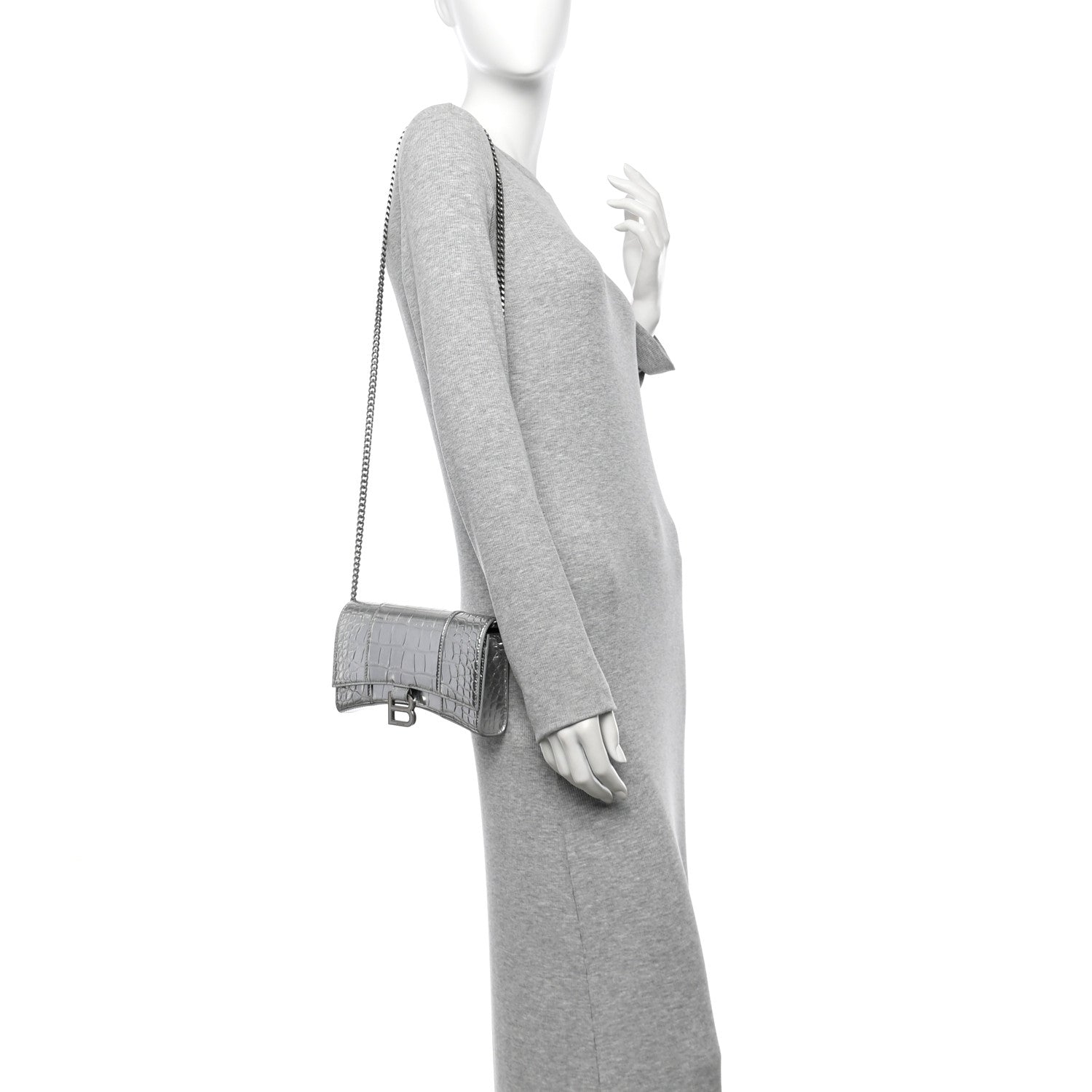 Metallic Calfskin Crocodile Embossed Hourglass Chain Bag Silver