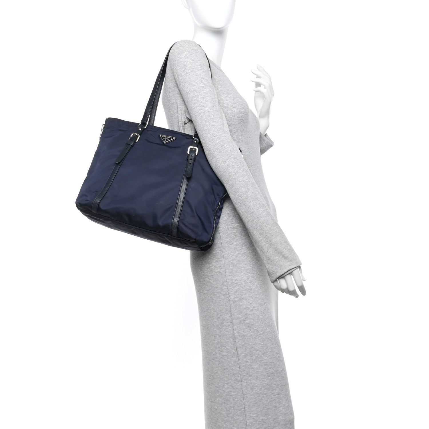 Tessuto Nylon Soft Calfskin Side Zip Tote Bag Bleu