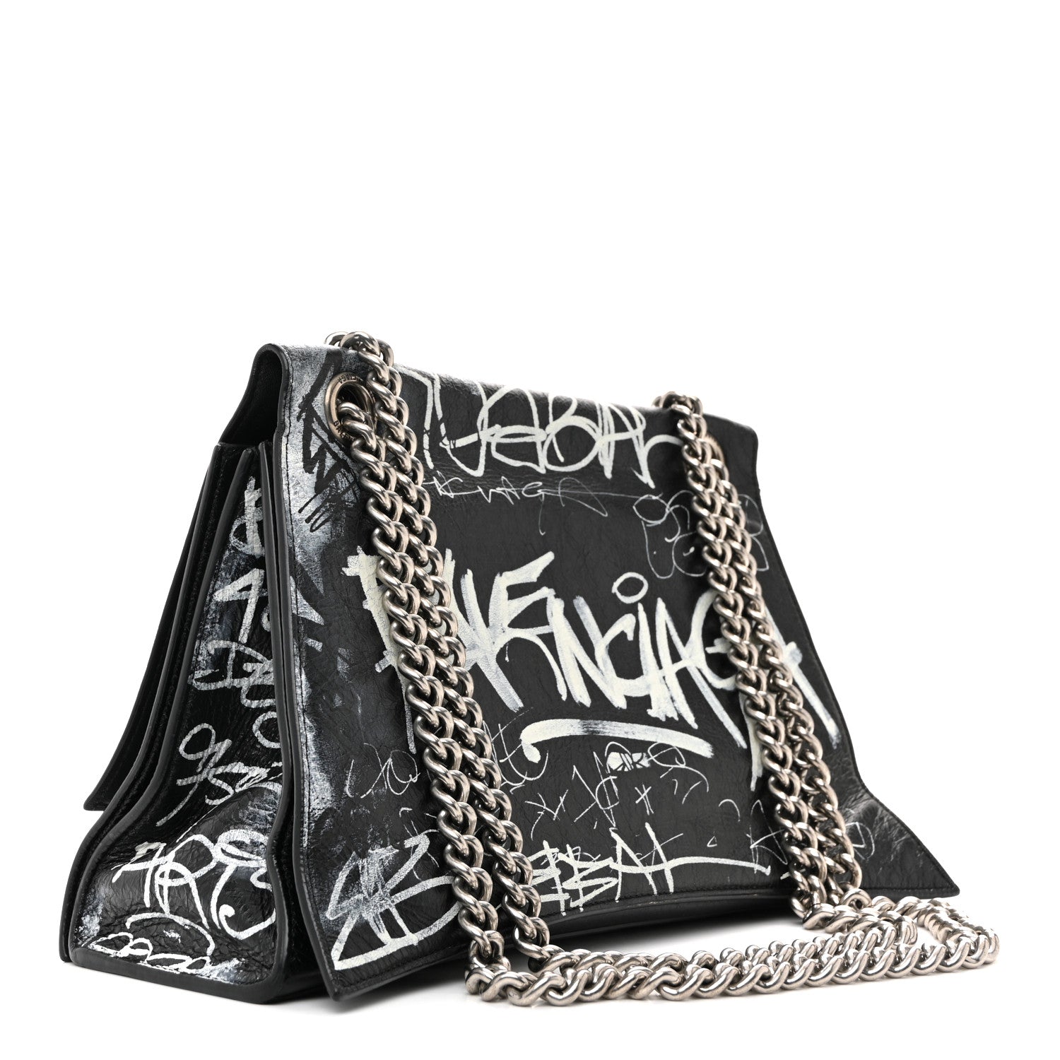 Agneau Arena Graffiti Medium Crush Chain Bag Black White