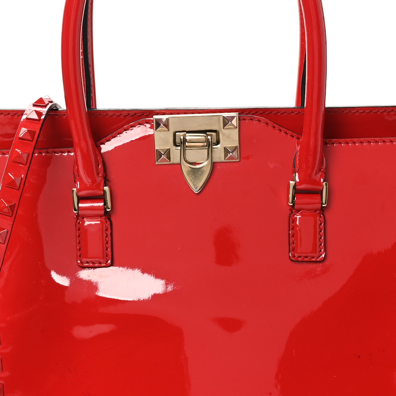 Patent Monochrome Rockstud Double Handle Tote Rosso Valentino