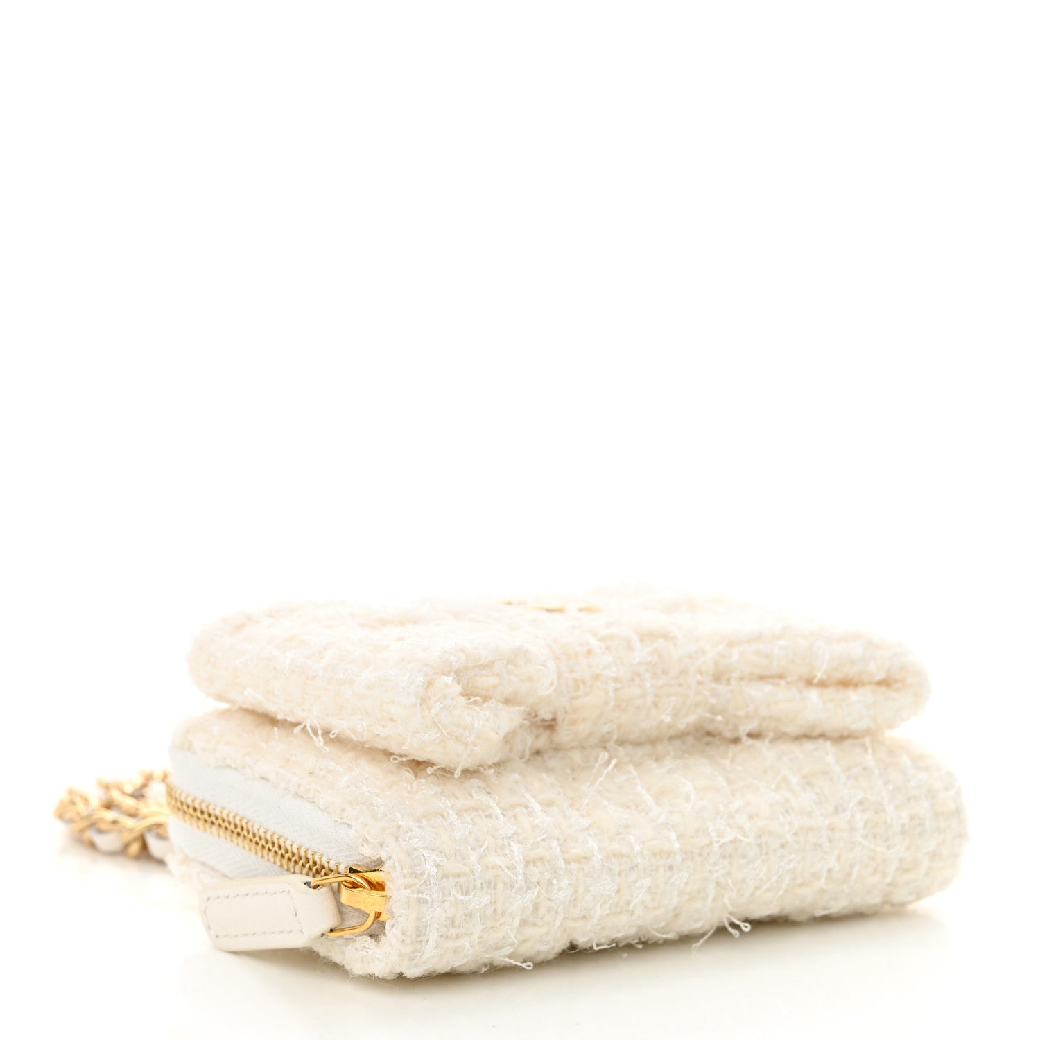 Tweed Quilted Bow Flap Card Holder On Chain White