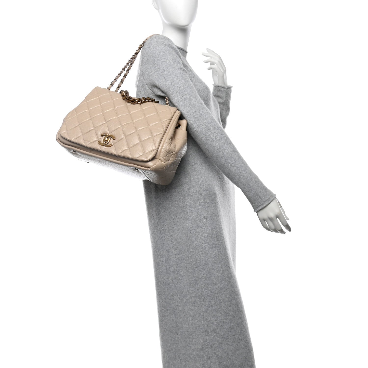 Aged Calfskin Quilted Large Pondichery Flap Beige