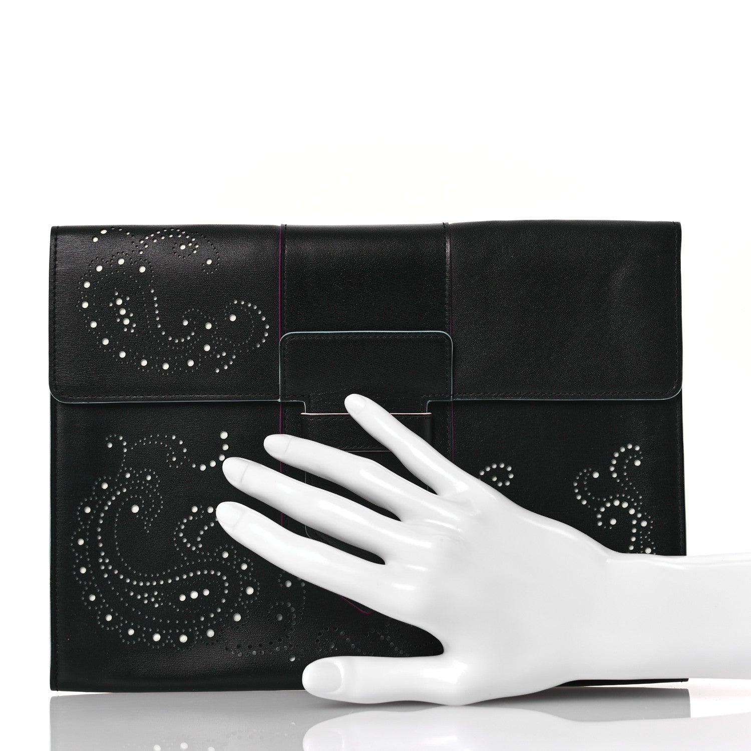 Box Calfskin Perforated Paisley Presse Clutch Black