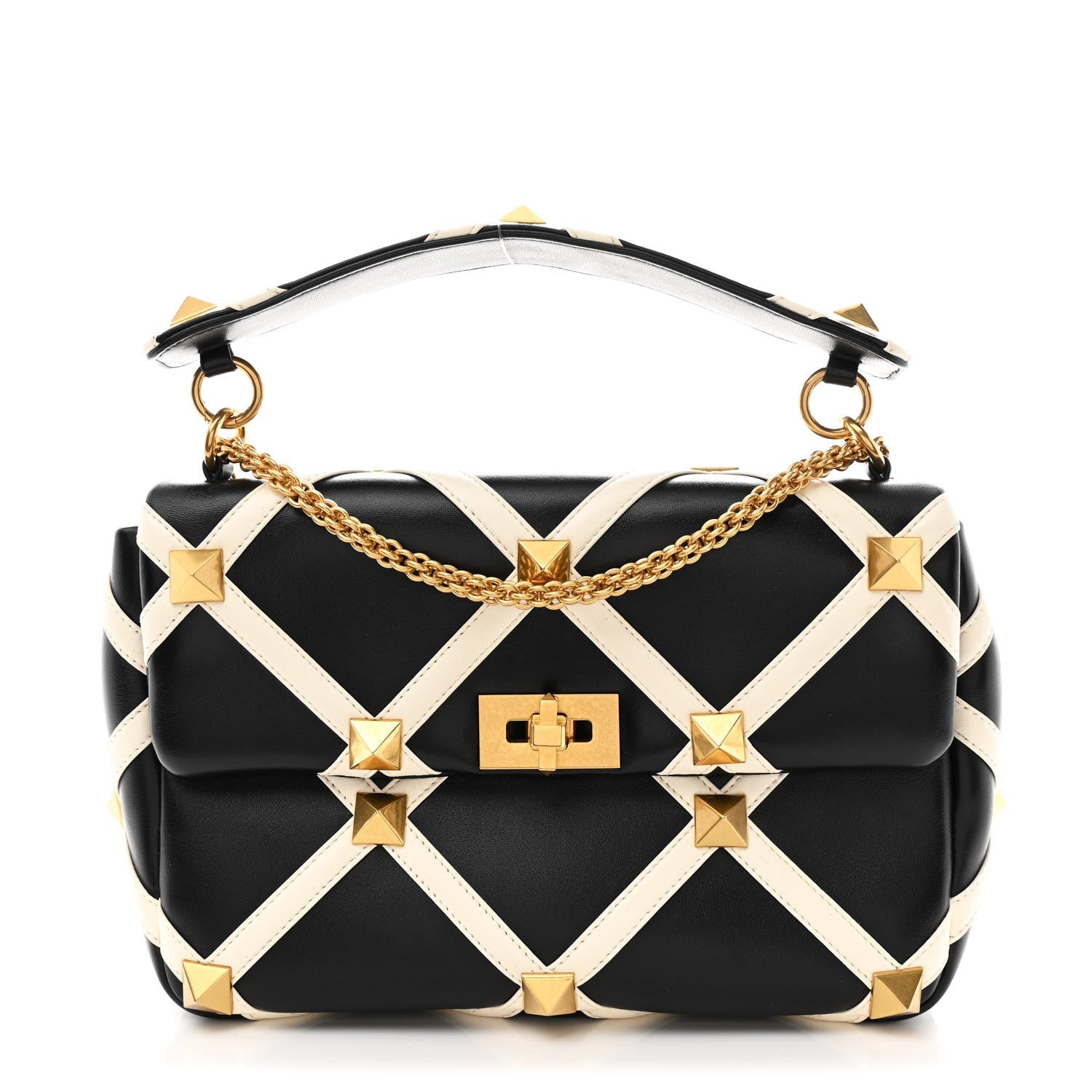Nappa Large Roman Stud Shoulder Bag Black White