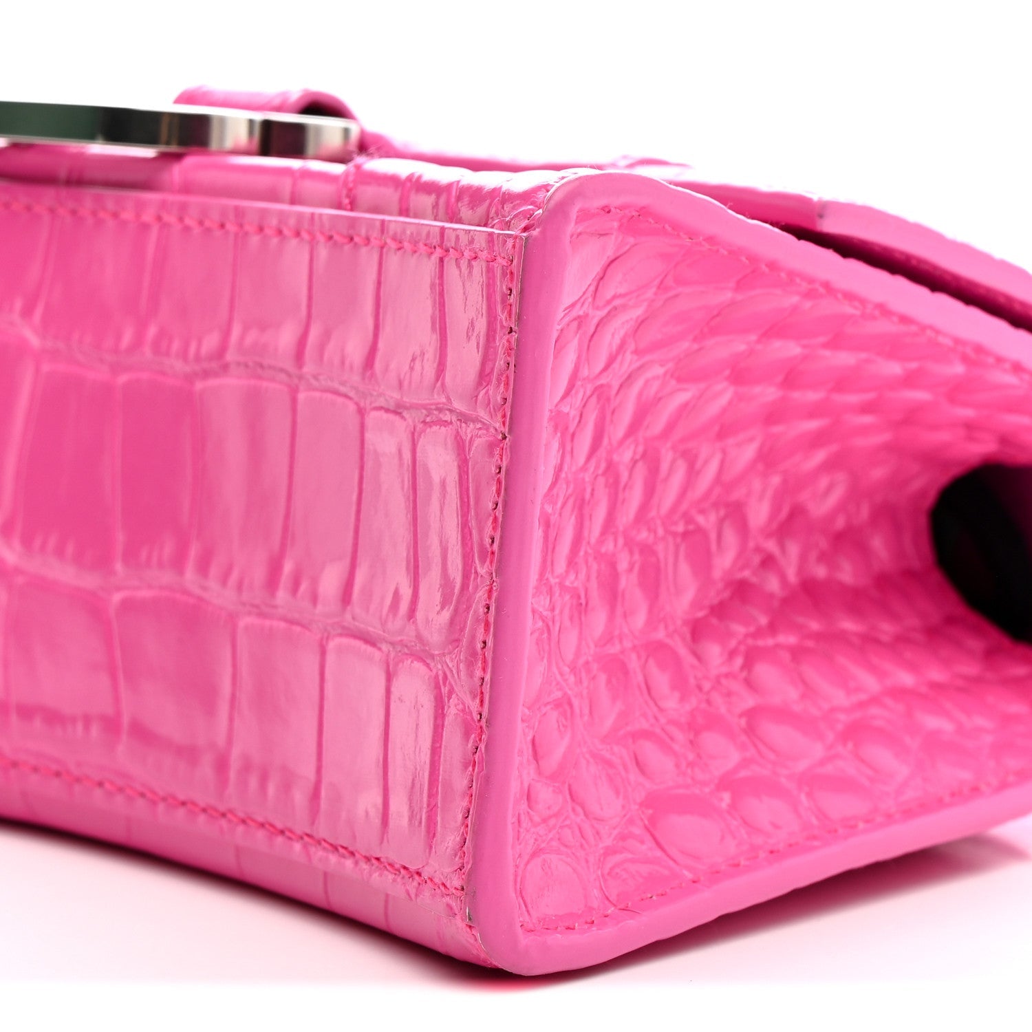 Shiny Calfskin Crocodile Embossed Hourglass Top Handle Bag XS Neon Pink