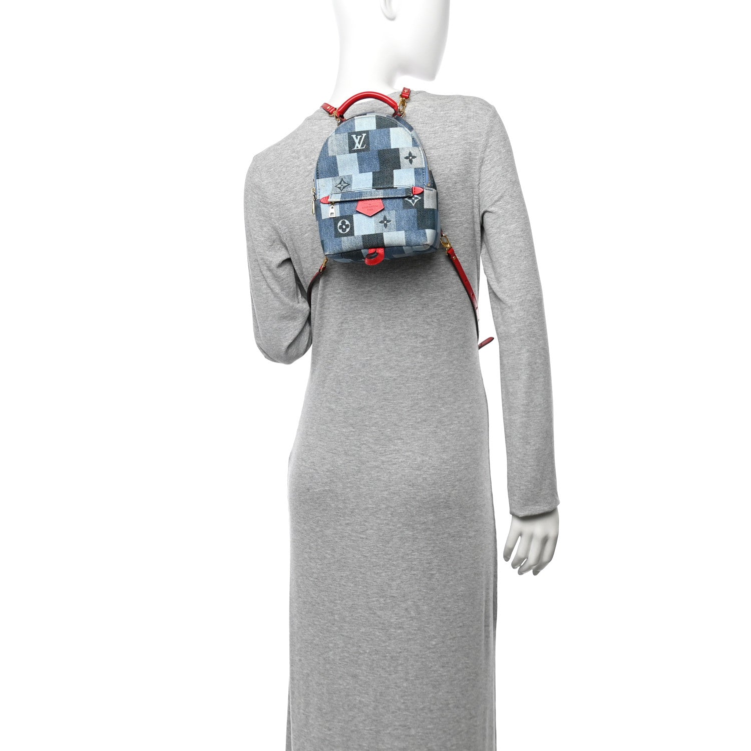 Denim Damier Monogram Patchwork Palm Springs Backpack Mini Blue Rouge