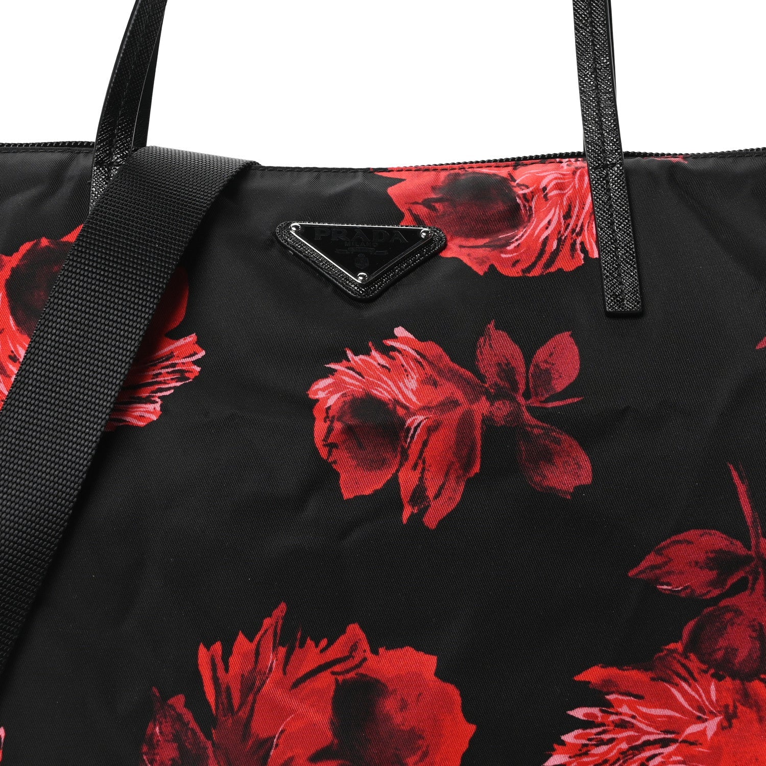 Tessuto Nylon Saffiano Rose Print Tote Black Rosso