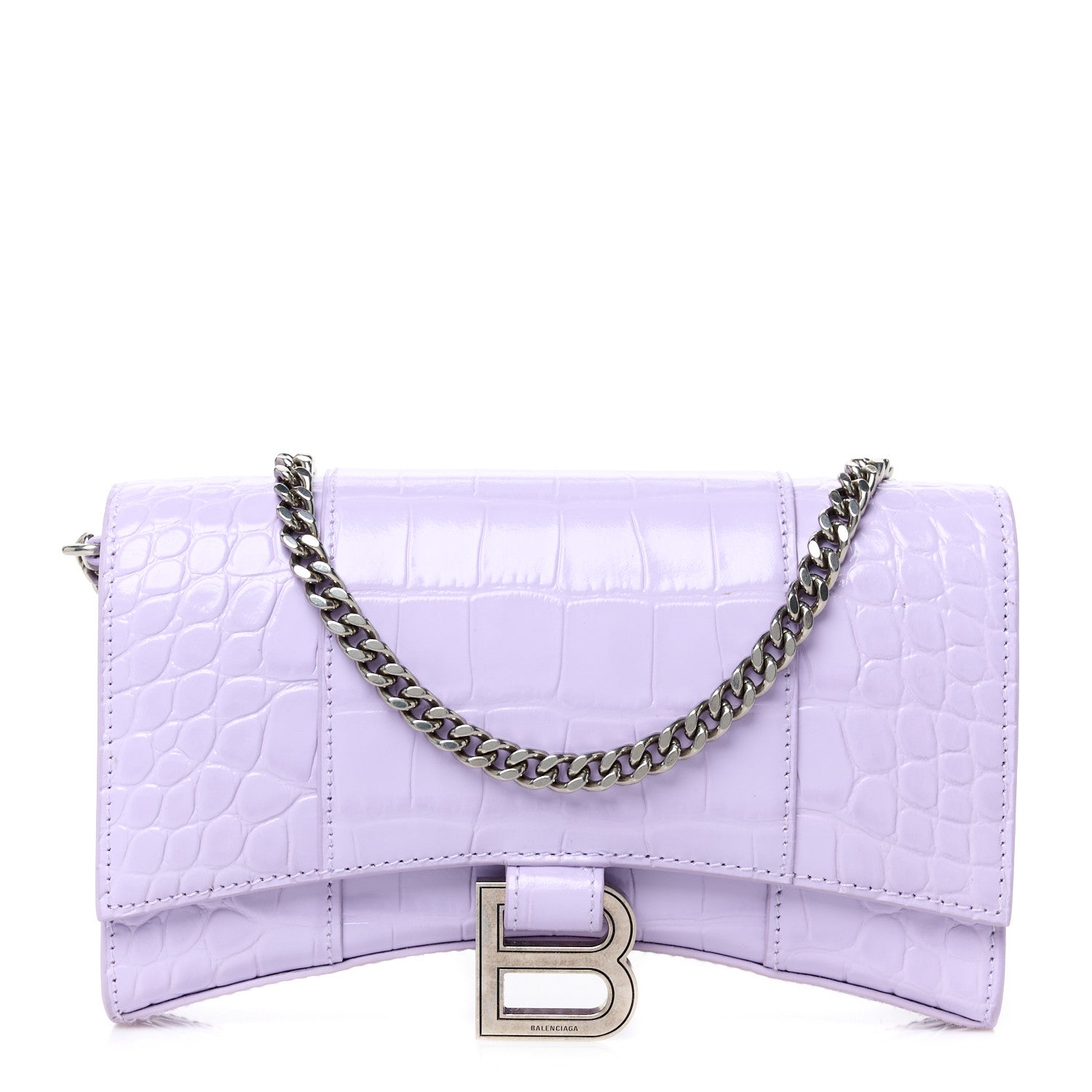 Shiny Calfskin Crocodile Embossed Hourglass Chain Bag Lilac